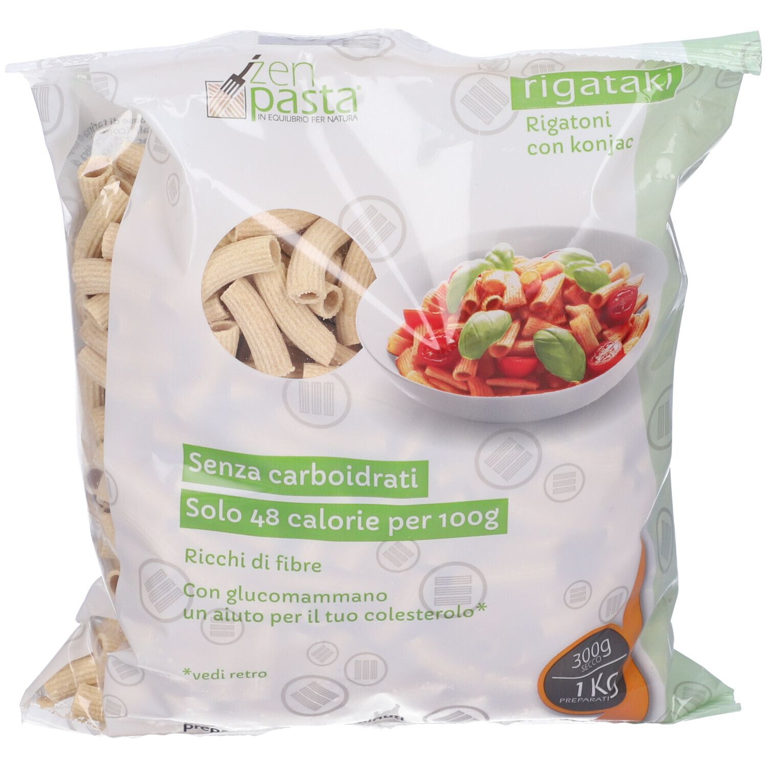 Confezione di pasta rigataki. Scritte: Zen Pasta, rigataki con konjac, senza carboidrati, 48 calorie per 100g, 300g, 1kg.