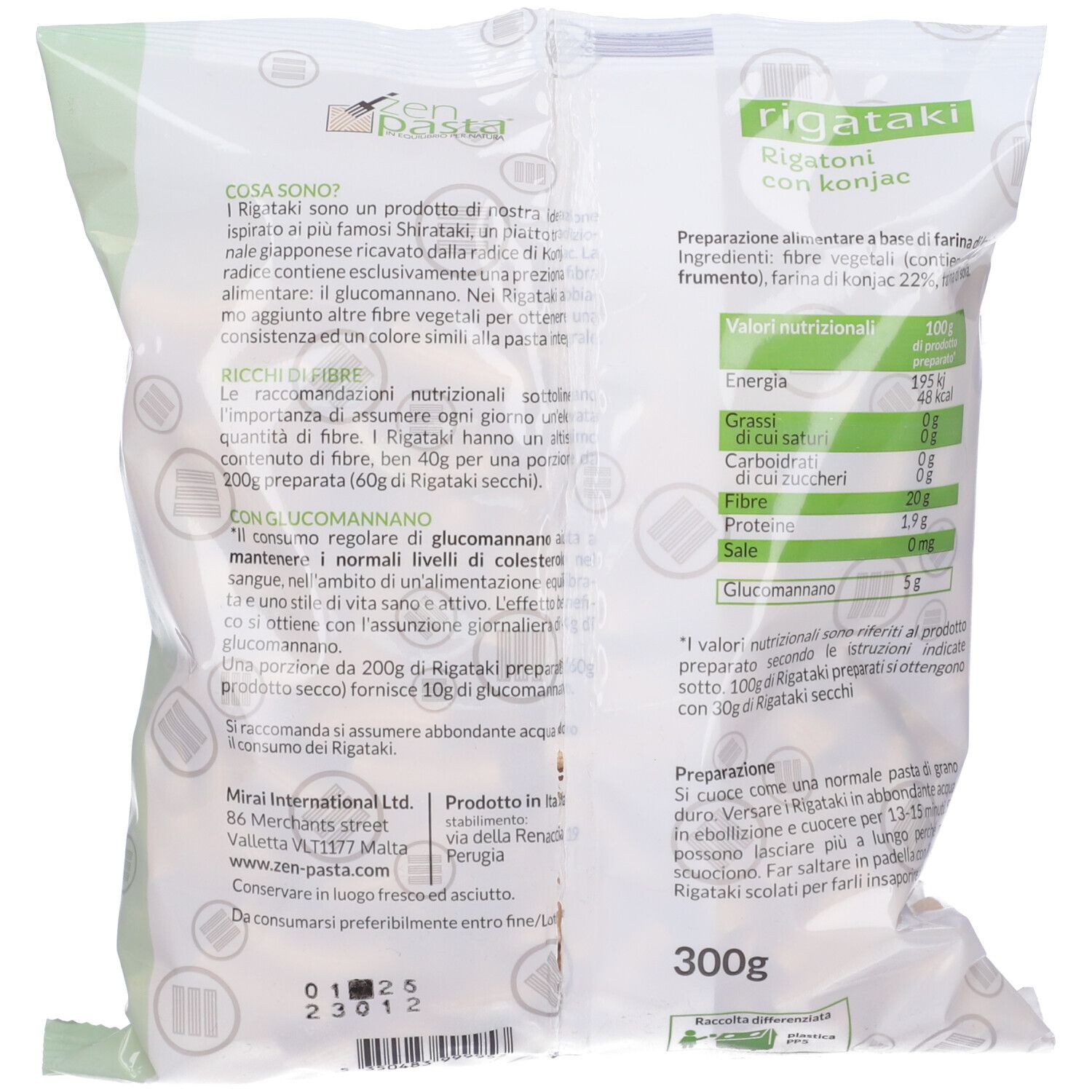 Retro della confezione di pasta rigataki. Testo: informazioni nutrizionali, ingredienti, istruzioni per la preparazione, 300g. Logo Zen Pasta.