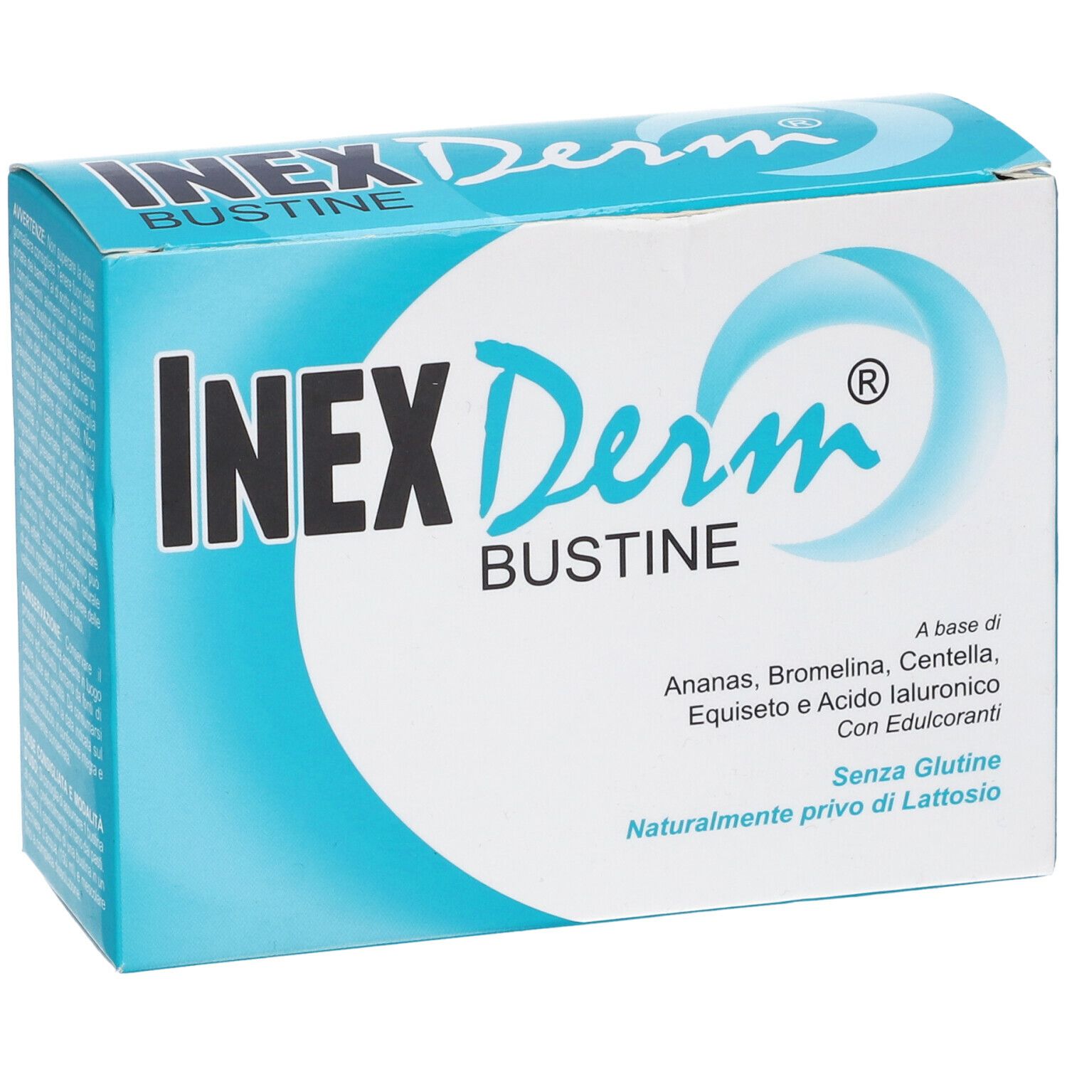 Scatola turchese e bianca. Scritta INEX Derm BUSTINE. Contiene ingredienti come ananas, bromelina, centella.