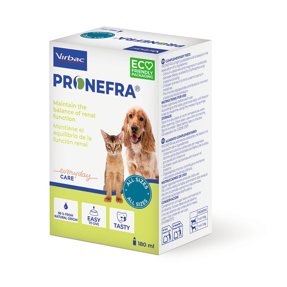 Virbac Pronefra Karton für Hunde und Katzen zur Unterstützung der Nierenfunktion.