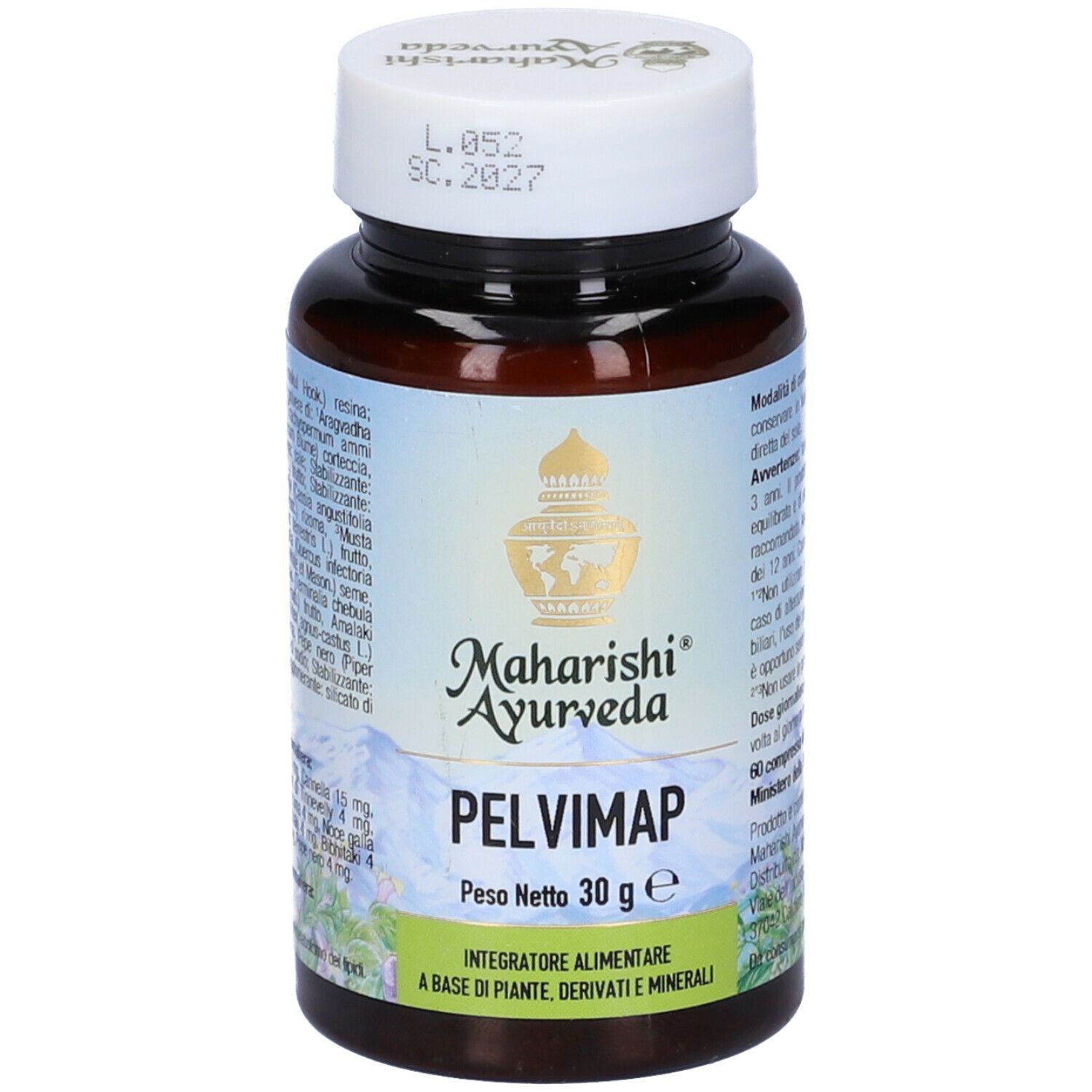 Flacone marrone con tappo bianco. Scritta: Maharishi Ayurveda, Pelvimap, Peso Netto 30 g e. Etichetta con testo.