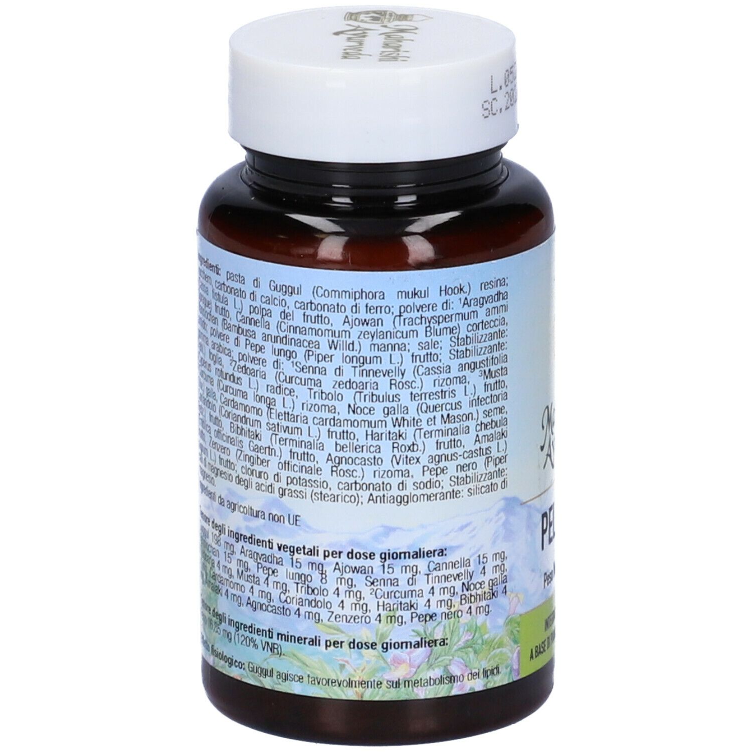 Retro del flacone marrone. Testo sull'etichetta con ingredienti e informazioni nutrizionali. Tappo bianco.