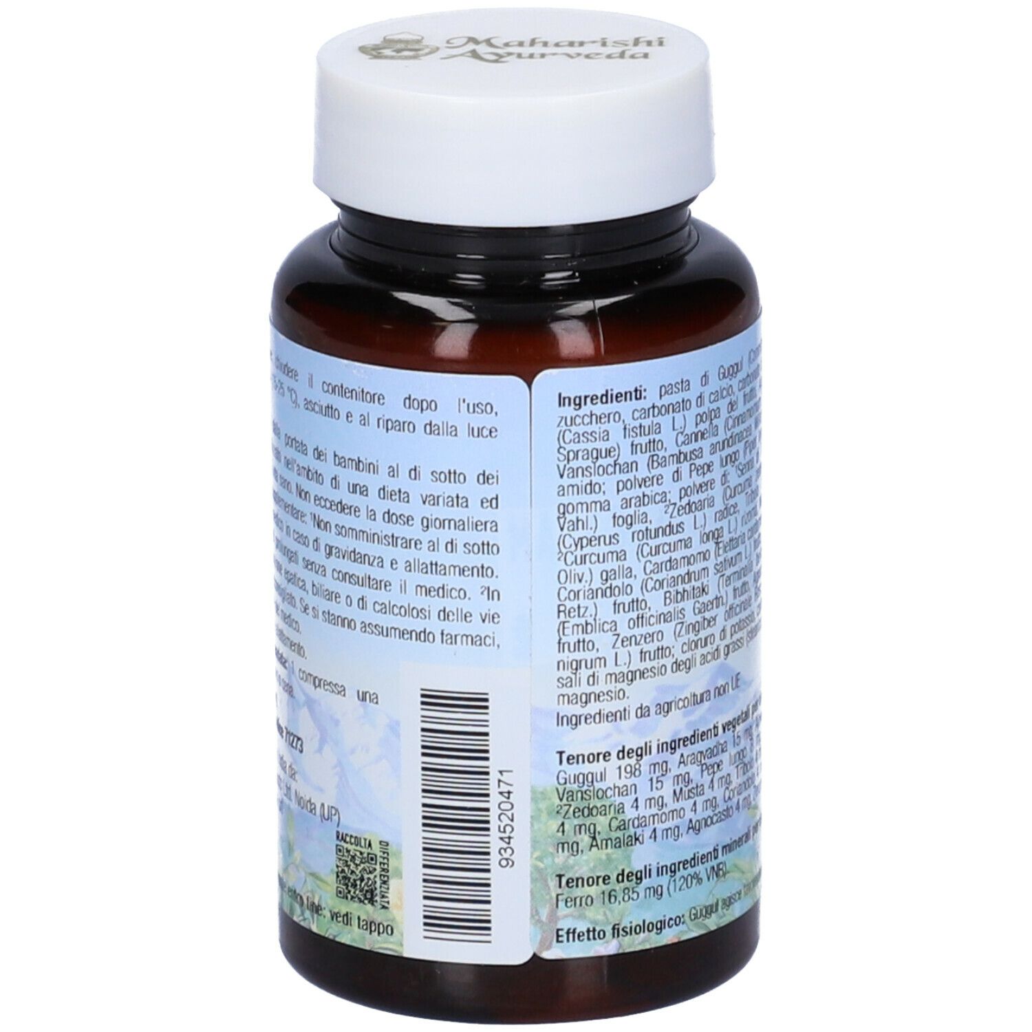 Retro del flacone marrone. Testo sull'etichetta con ingredienti e informazioni nutrizionali. Tappo bianco.
