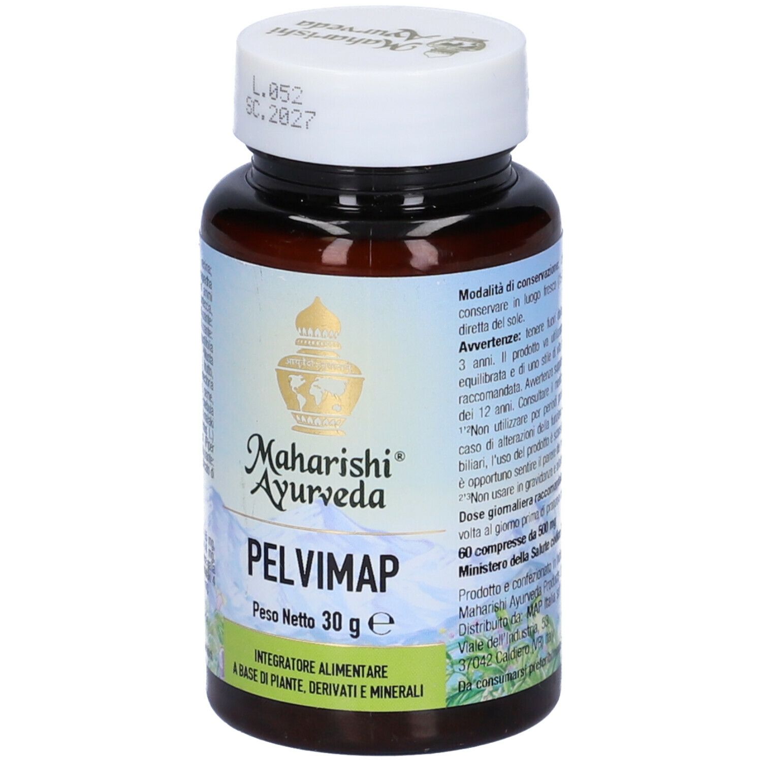 Flacone marrone con tappo bianco. Scritta: Maharishi Ayurveda, Pelvimap, Peso Netto 30 g e. Etichetta con testo.