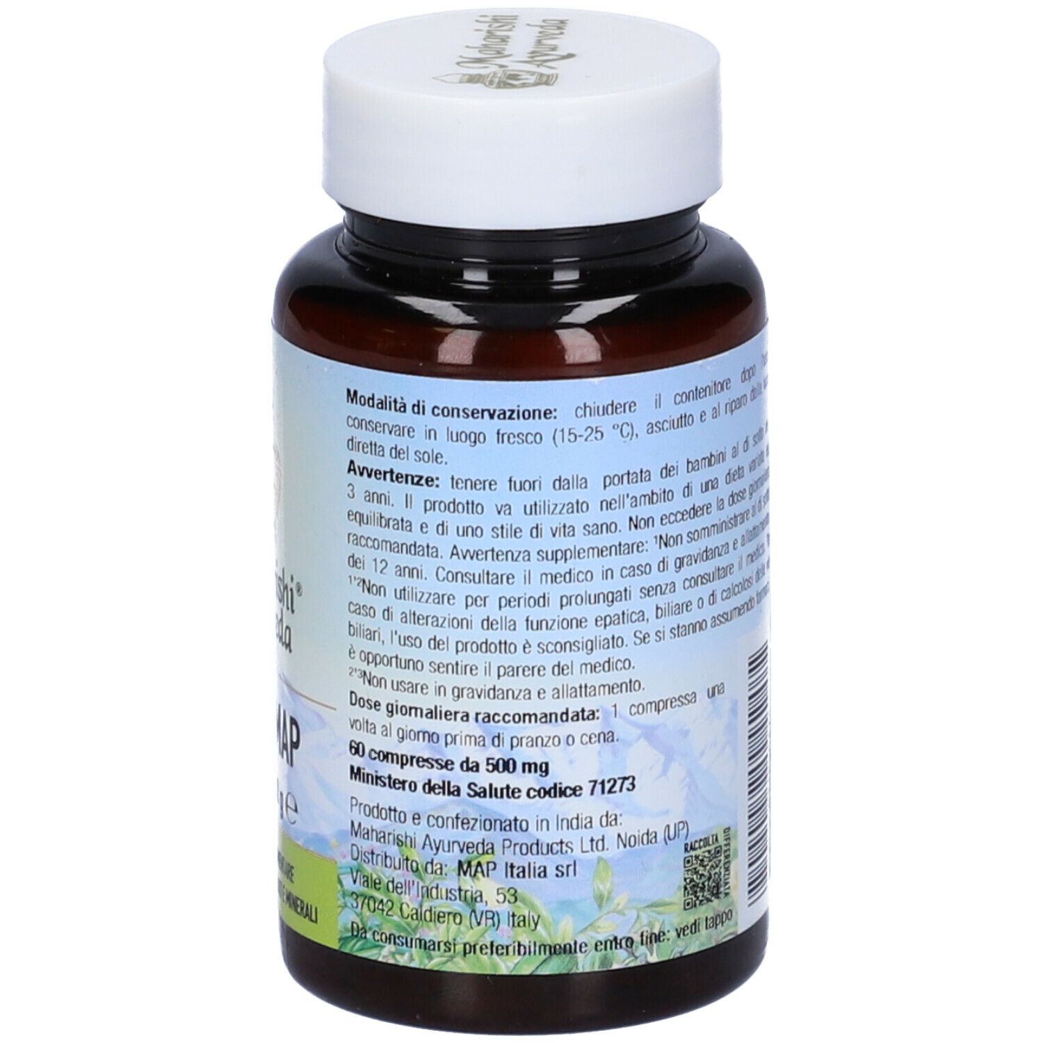 Retro del flacone marrone. Testo sull'etichetta con ingredienti e informazioni nutrizionali. Tappo bianco.