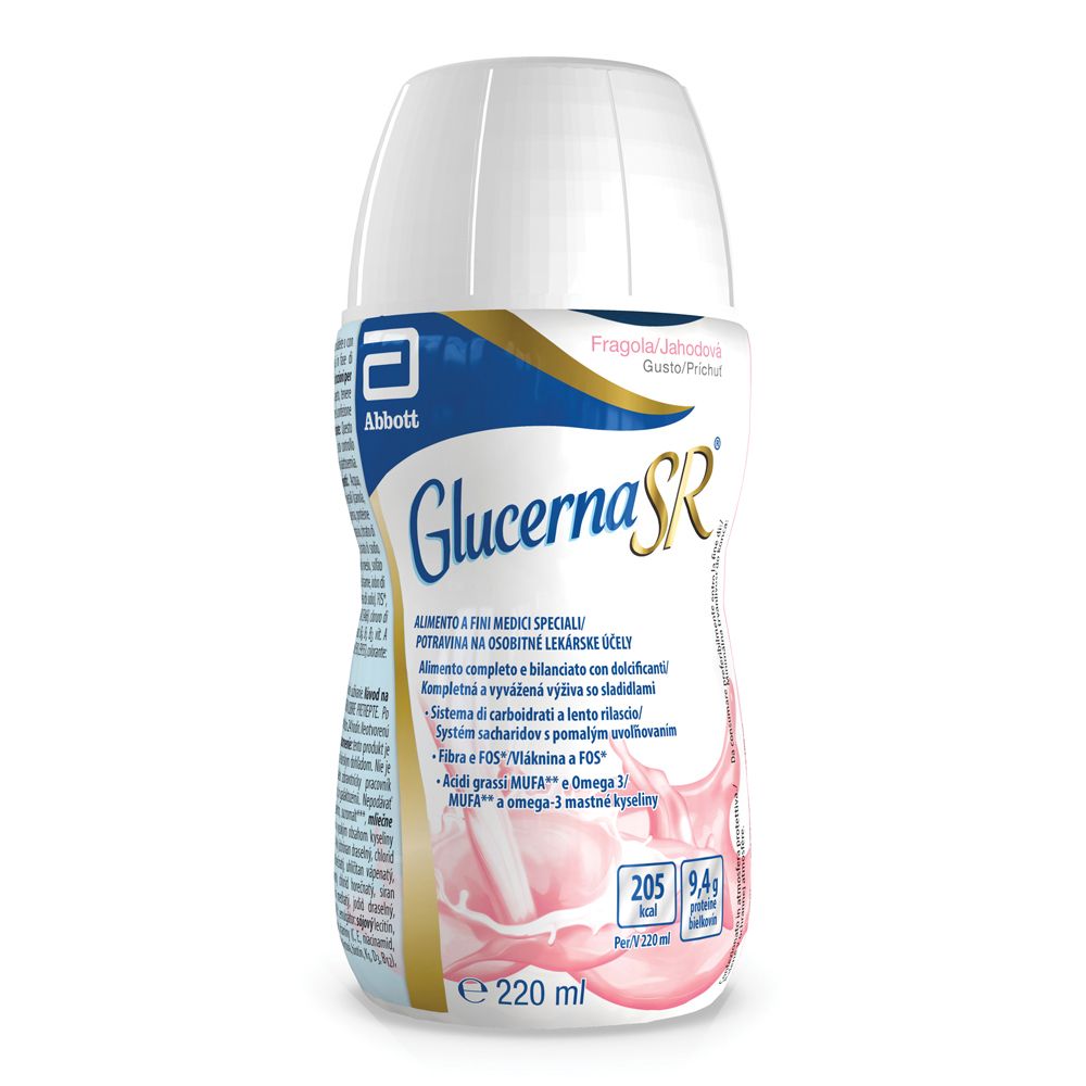 Bevanda Abbott Glucerna SR, gusto fragola, in bottiglia. Confezione blu e bianca con nome e logo del prodotto.