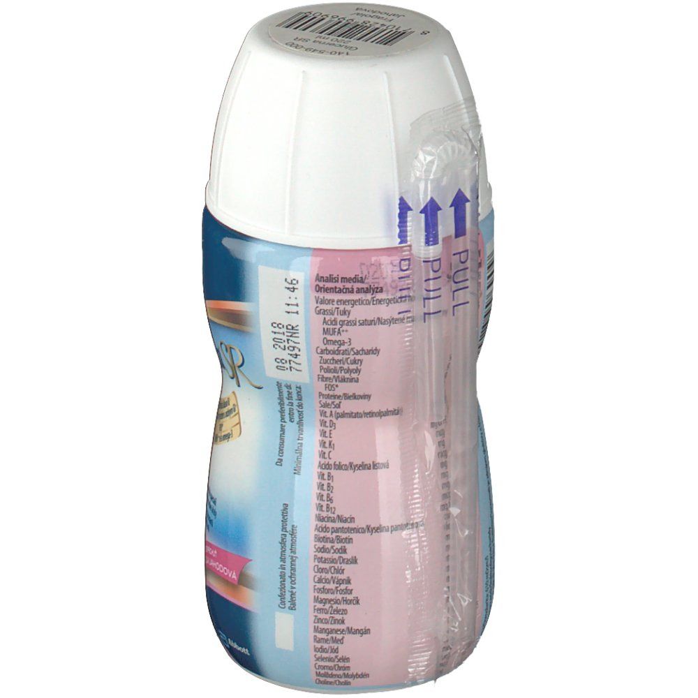 Vista posteriore della bottiglia Abbott Glucerna SR. Tappo bianco, liquido rosa, etichetta con informazioni nutrizionali e cannucce.
