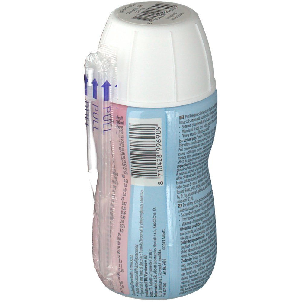 Vista posteriore della bottiglia Abbott Glucerna SR. Tappo bianco, liquido rosa, etichetta con codice a barre e cannucce.