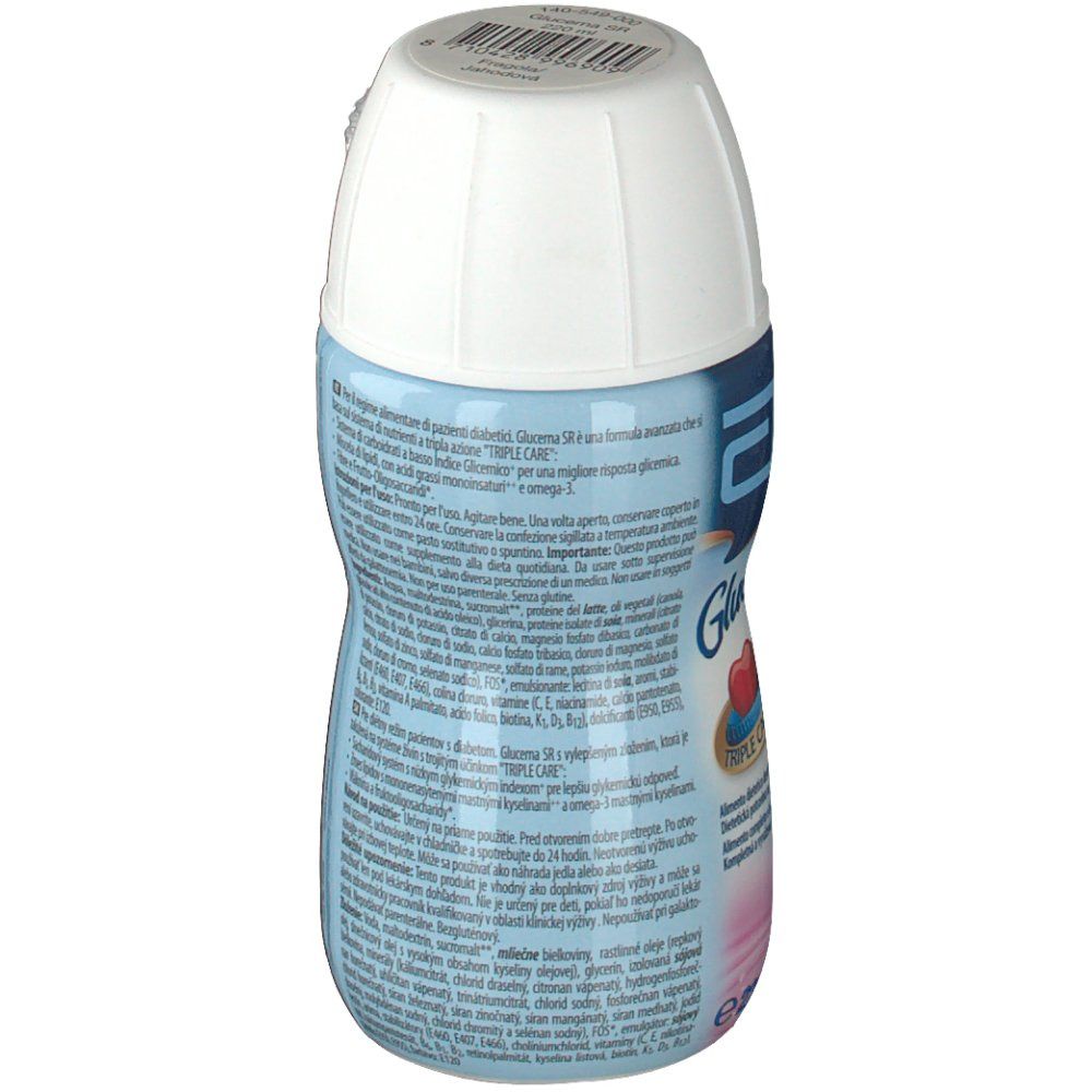 Vista posteriore della bottiglia Abbott Glucerna SR. Tappo bianco, liquido rosa, etichetta con testo e codice a barre.