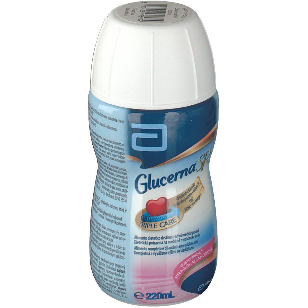 Bottiglia Abbott Glucerna SR. Tappo bianco, liquido rosa, etichette blu e bianche con informazioni sul prodotto.