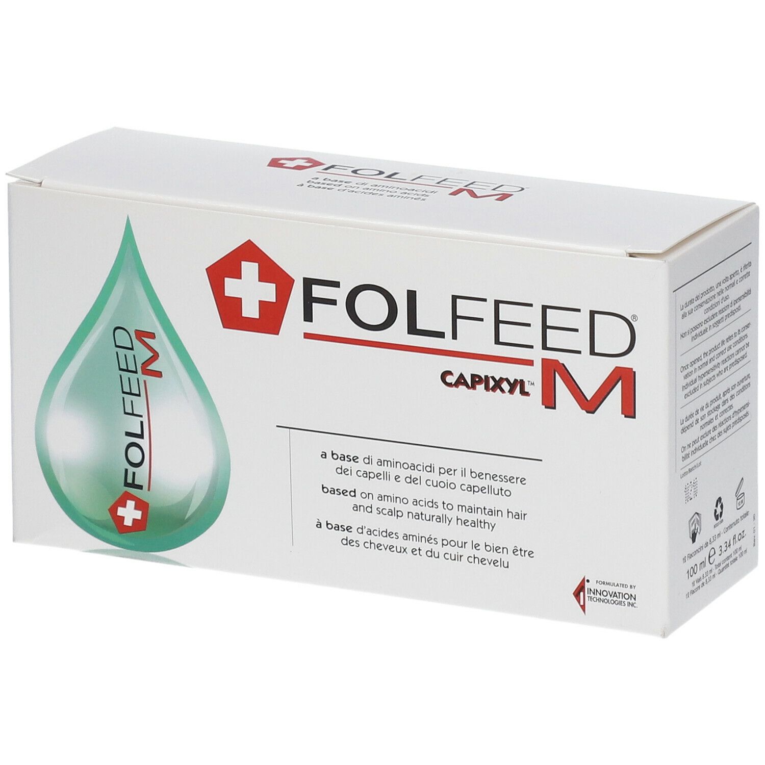 Verpackung mit Produktnamen FOLFEED Capixyl M. Weiße Schachtel mit grüner Tropfen-Grafik und rotem Logo.