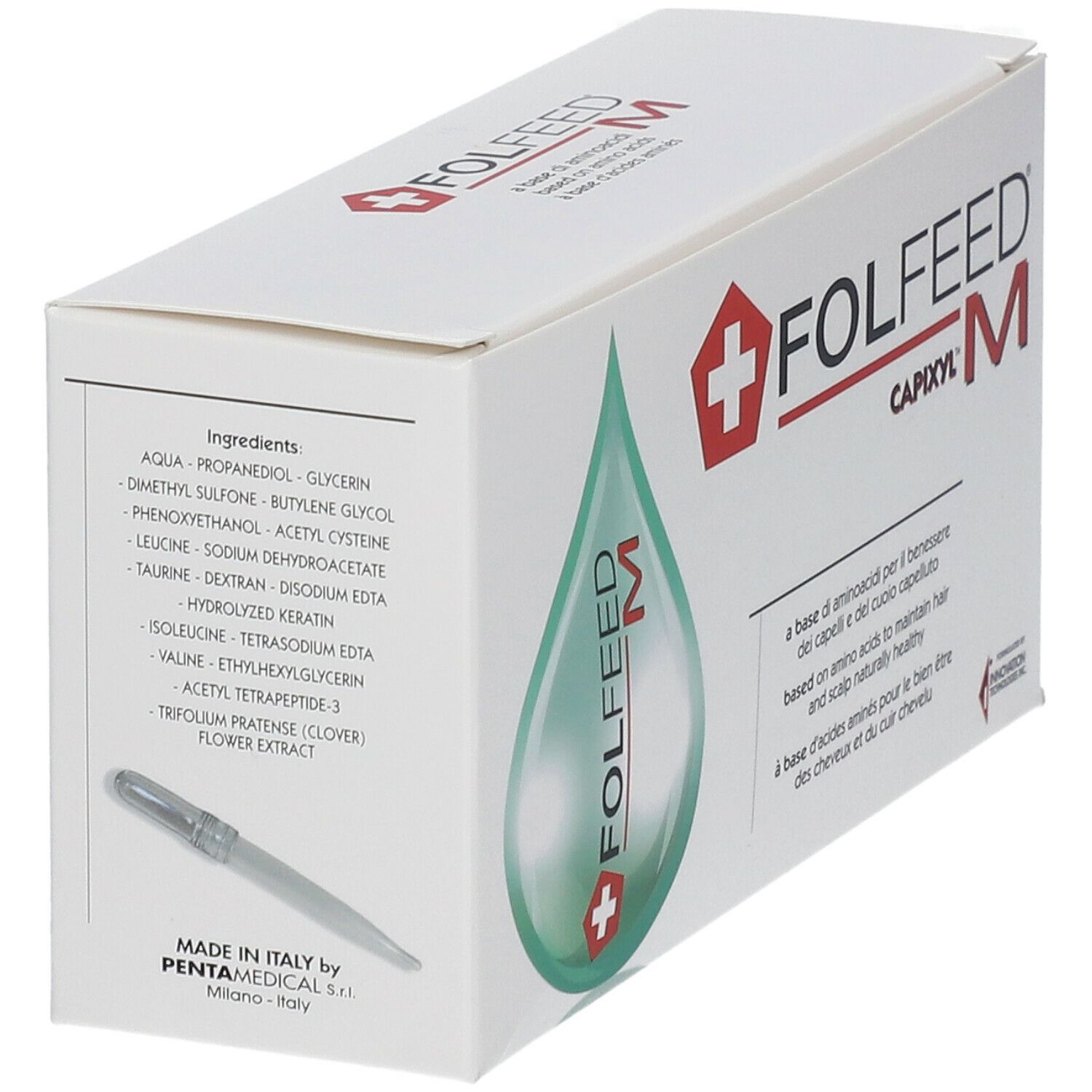 Verpackung FOLFEED Capixyl M. Weiße Schachtel mit Inhaltsstoffen und grüner Tropfen-Grafik. Stift daneben.
