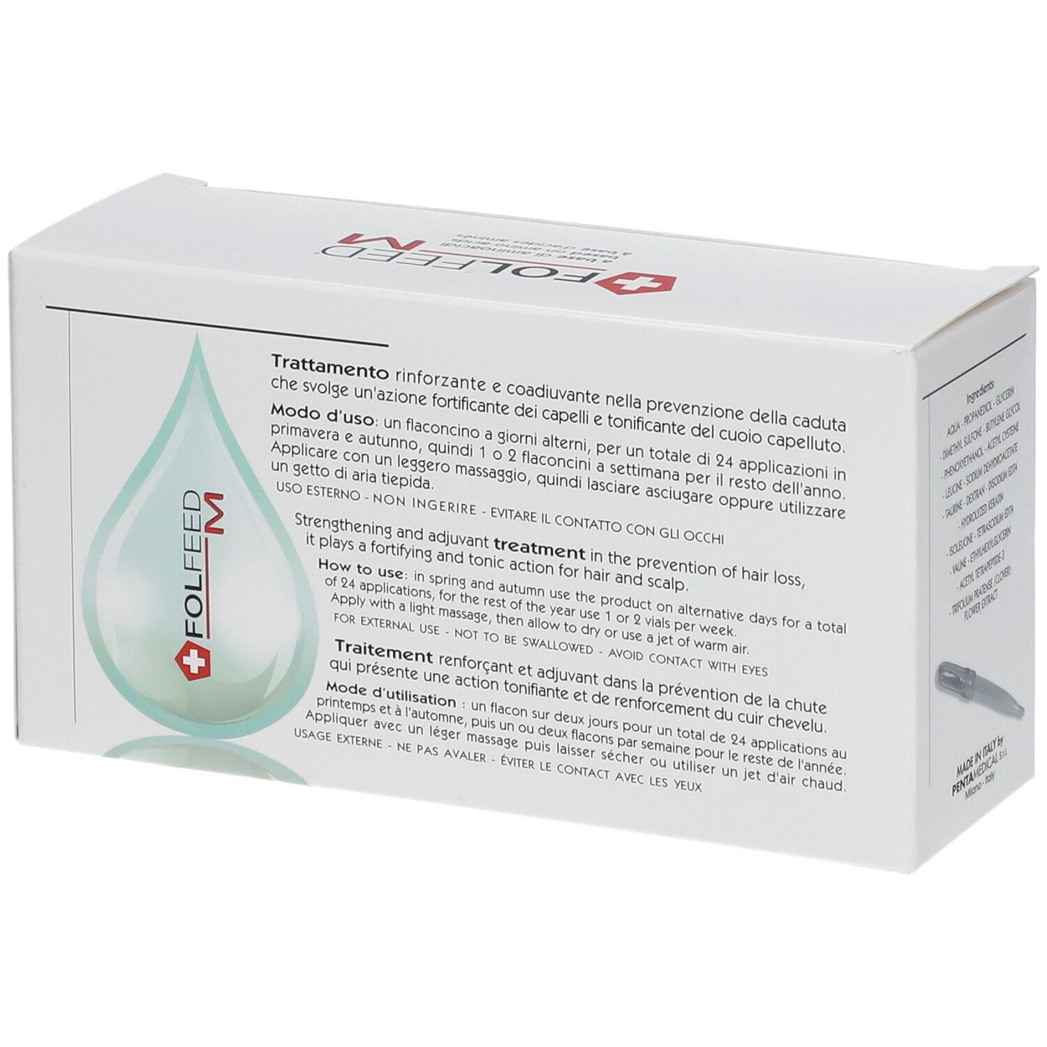 Rückseite der FOLFEED Capixyl M Verpackung. Text über Anwendung und Inhaltsstoffe in mehreren Sprachen.