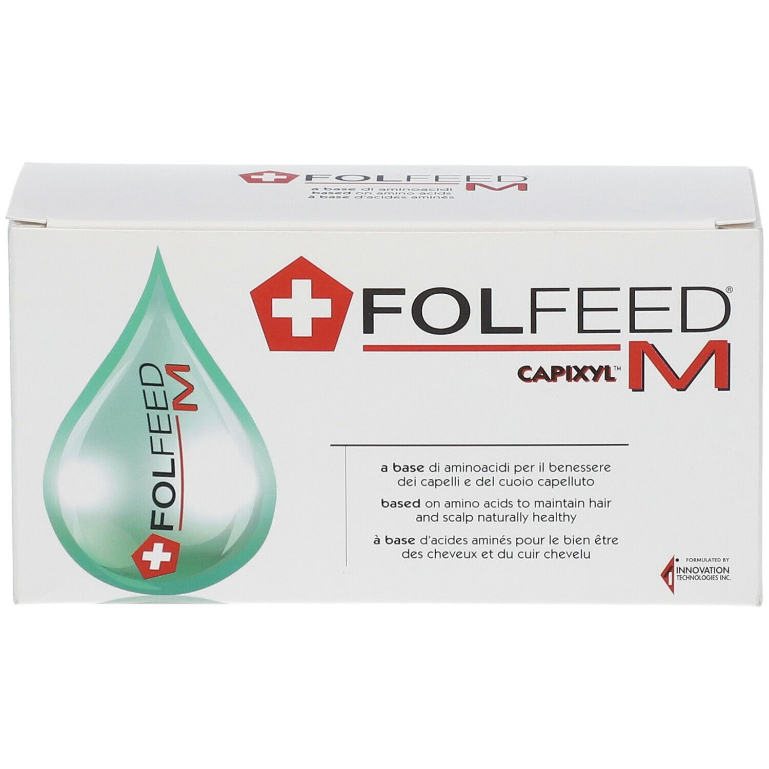 Verpackung FOLFEED Capixyl M. Weiße Schachtel mit grüner Tropfen-Grafik und rotem Logo. Text in mehreren Sprachen.