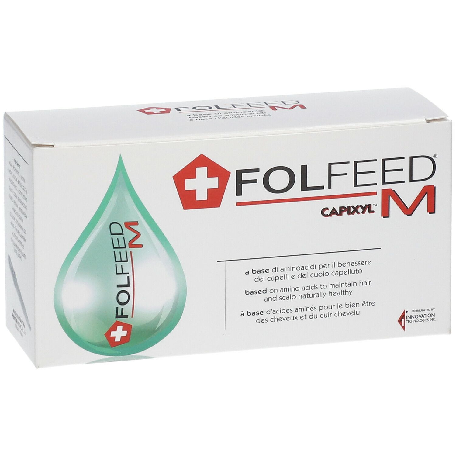 Verpackung FOLFEED Capixyl M. Weiße Schachtel mit grüner Tropfen-Grafik und rotem Logo. Text in mehreren Sprachen.