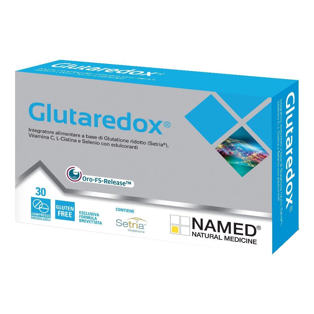 Scatola di "Glutaredox®". Confezione blu e grigia con nome del prodotto, ingredienti e logo.