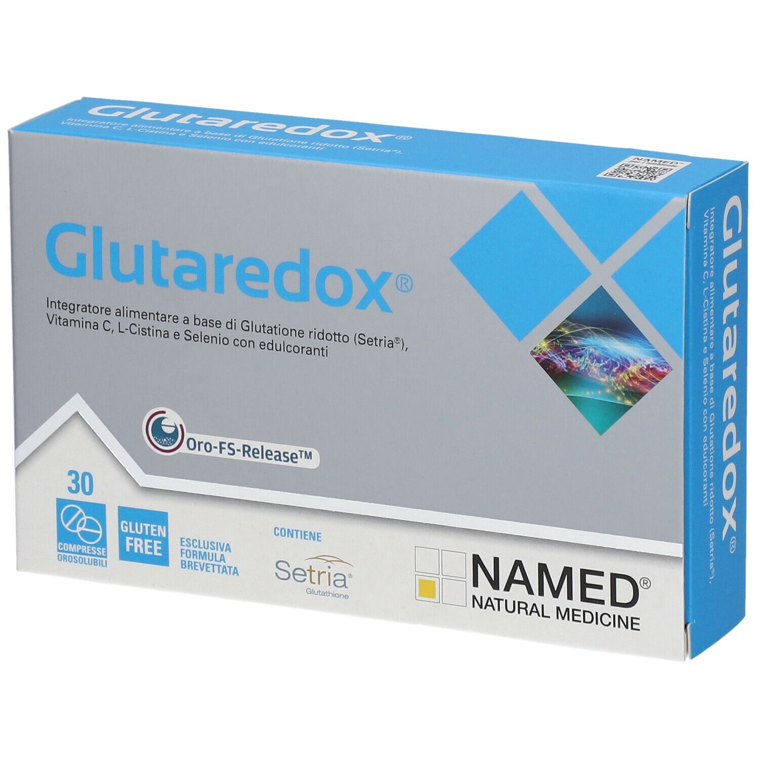 Confezione del prodotto "Glutaredox®". Scatola blu e grigia con informazioni e logo.