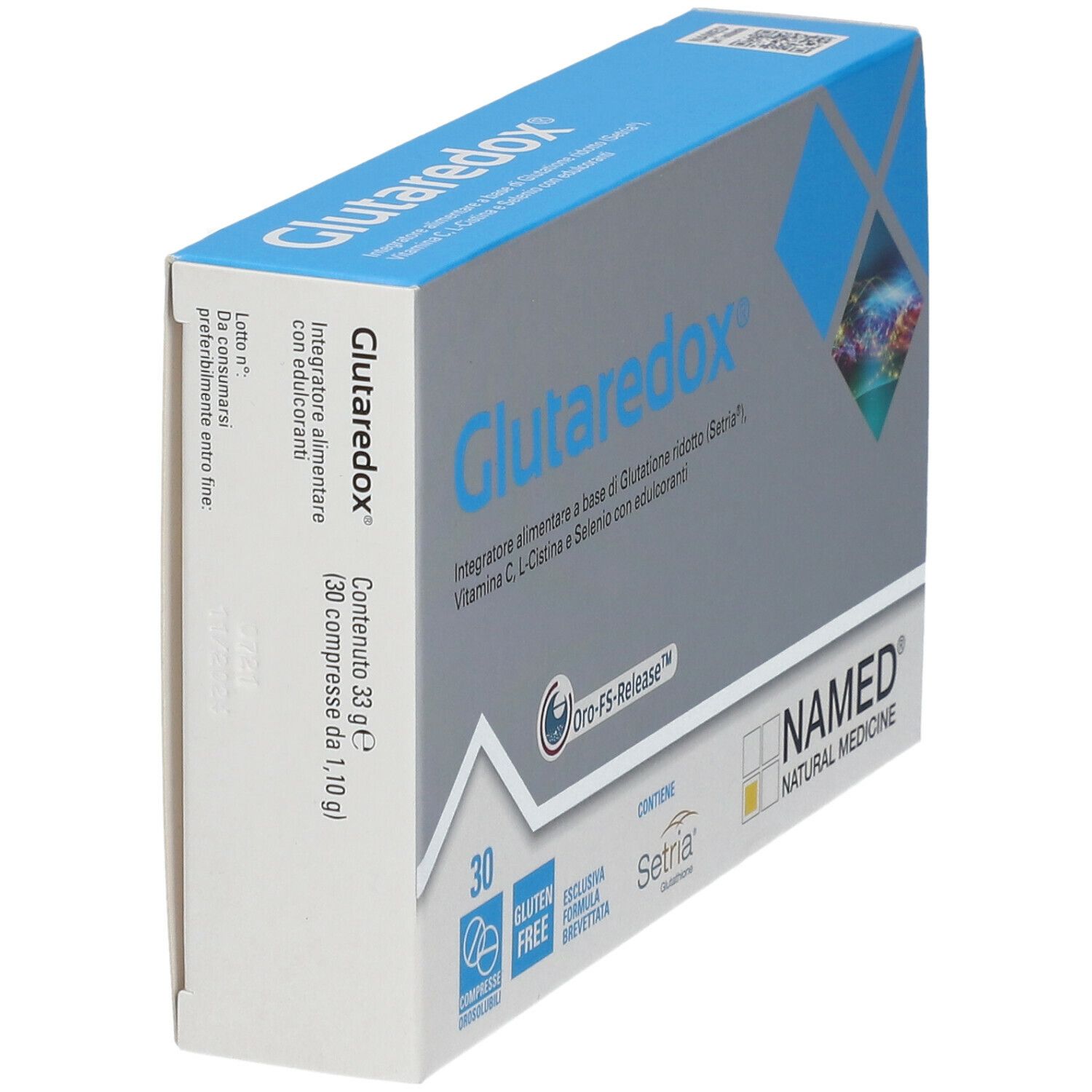 Scatola "Glutaredox®" in prospettiva. Confezione blu e grigia con informazioni e logo.