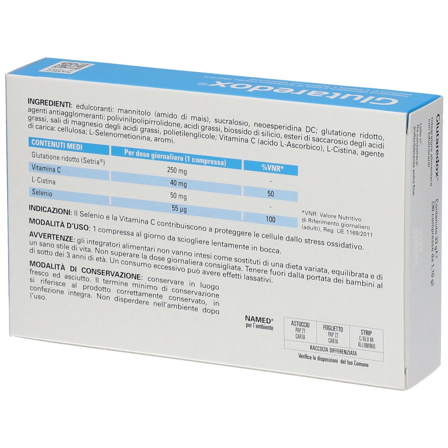 Retro della confezione "Glutaredox®". Contiene ingredienti, informazioni nutrizionali e produttore.