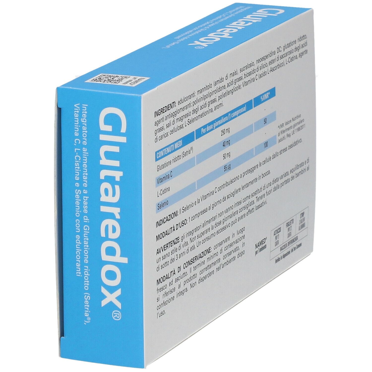 Scatola "Glutaredox®" in prospettiva. Retro con ingredienti e informazioni nutrizionali.