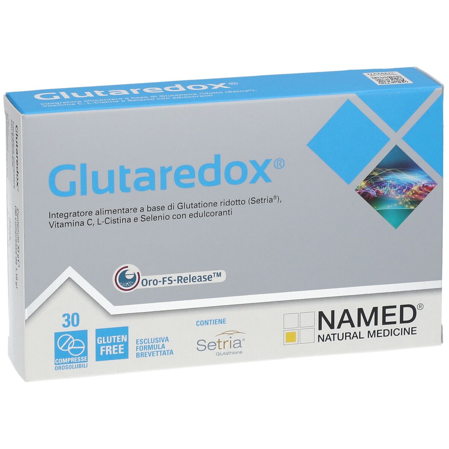 Confezione del prodotto "Glutaredox®". Scatola blu e grigia con informazioni e logo.