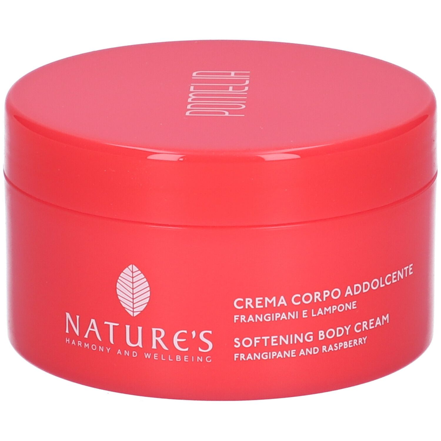 Vaso rosso con coperchio bianco. Scritta: NATURE'S, Pomelia, Crema Corpo Addolcente, Frangipani e Lampone, Softening Body Cream.