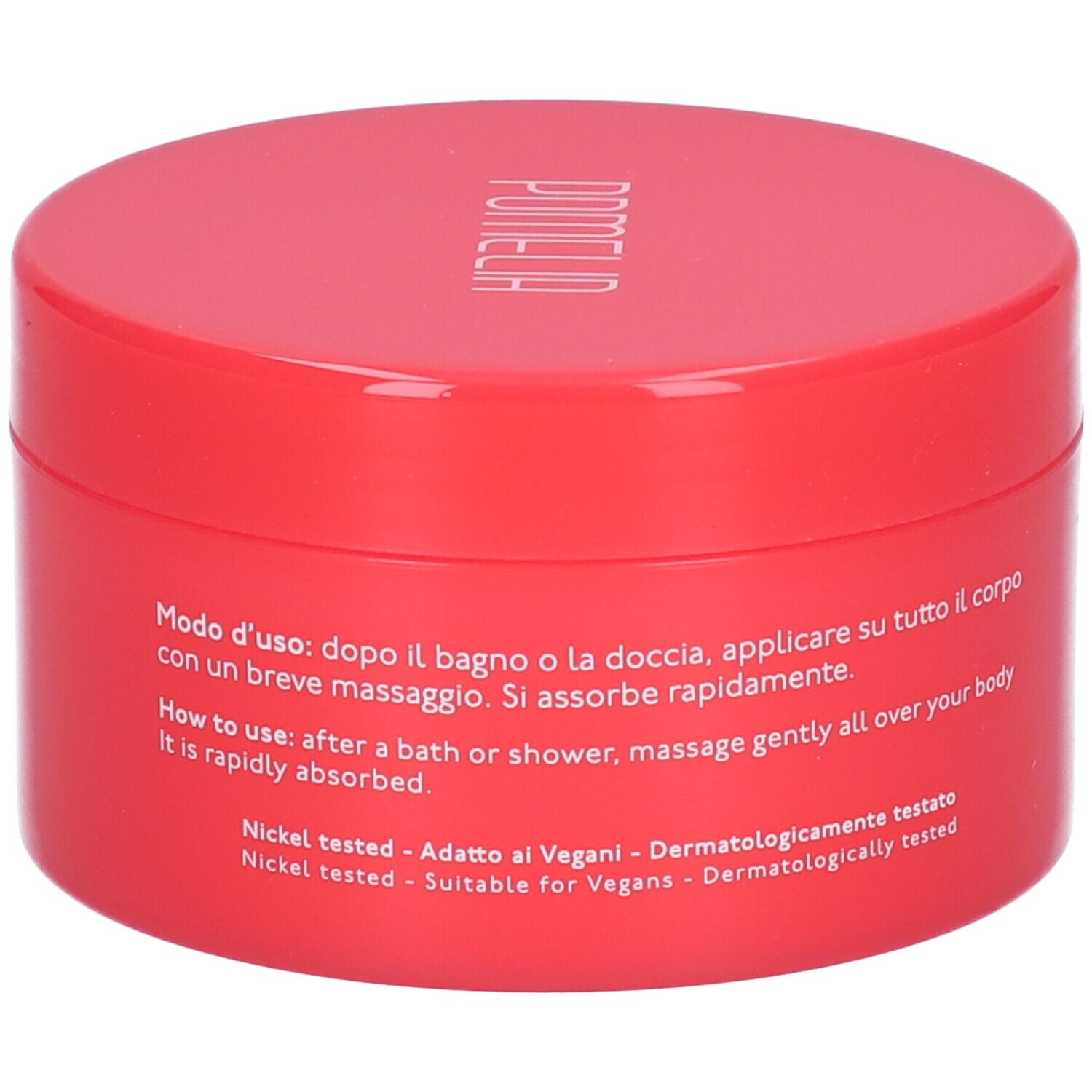 Vaso rosso con coperchio bianco. Testo in italiano e inglese. Testato al nichel, adatto ai vegani, dermatologicamente testato.