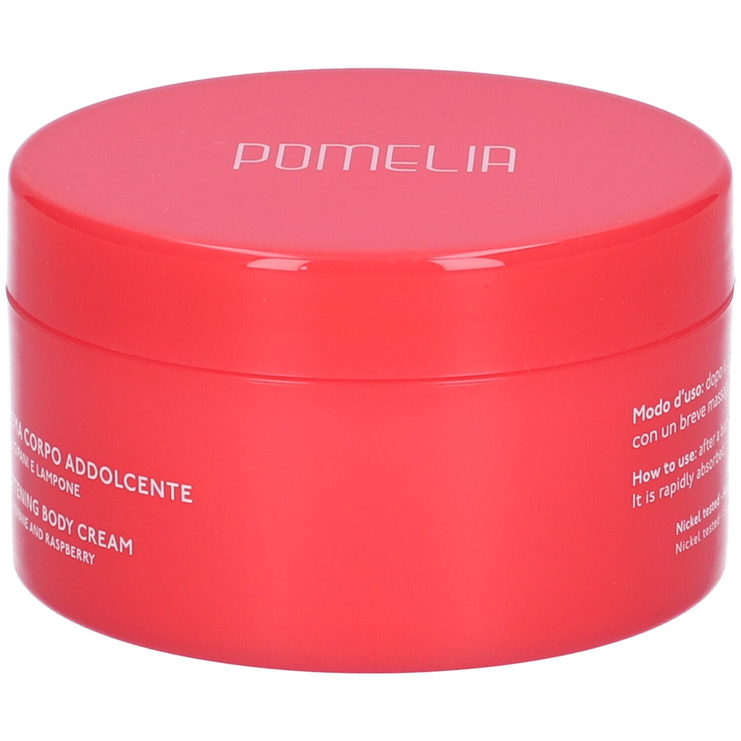 Vaso rosso con coperchio bianco. Scritta: Pomelia, Crema Corpo Addolcente, Softening Body Cream, Frangipani and Raspberry.