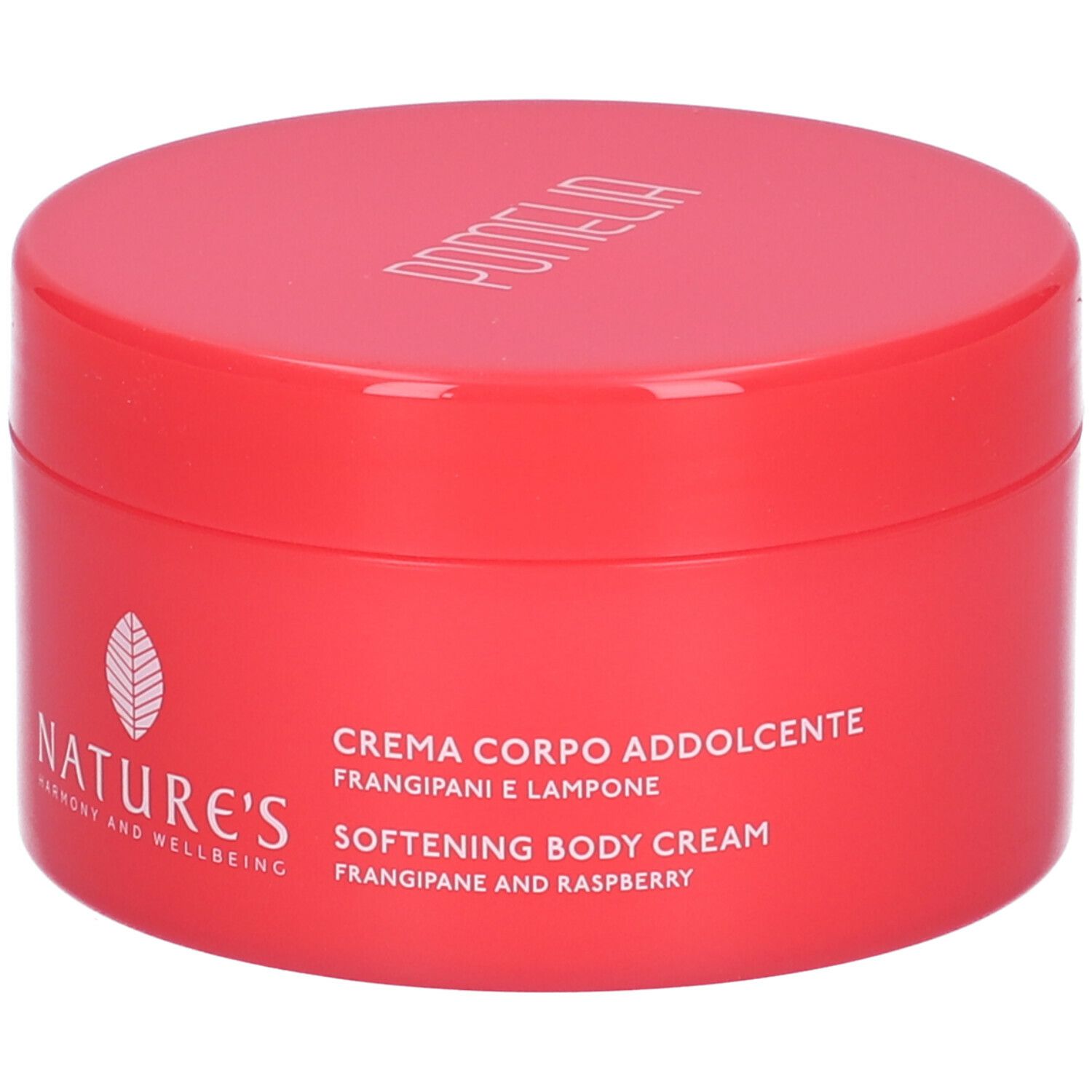 Vaso rosso con coperchio bianco. Scritta: NATURE'S, logo, Crema Corpo Addolcente, Softening Body Cream, Frangipani and Raspberry.