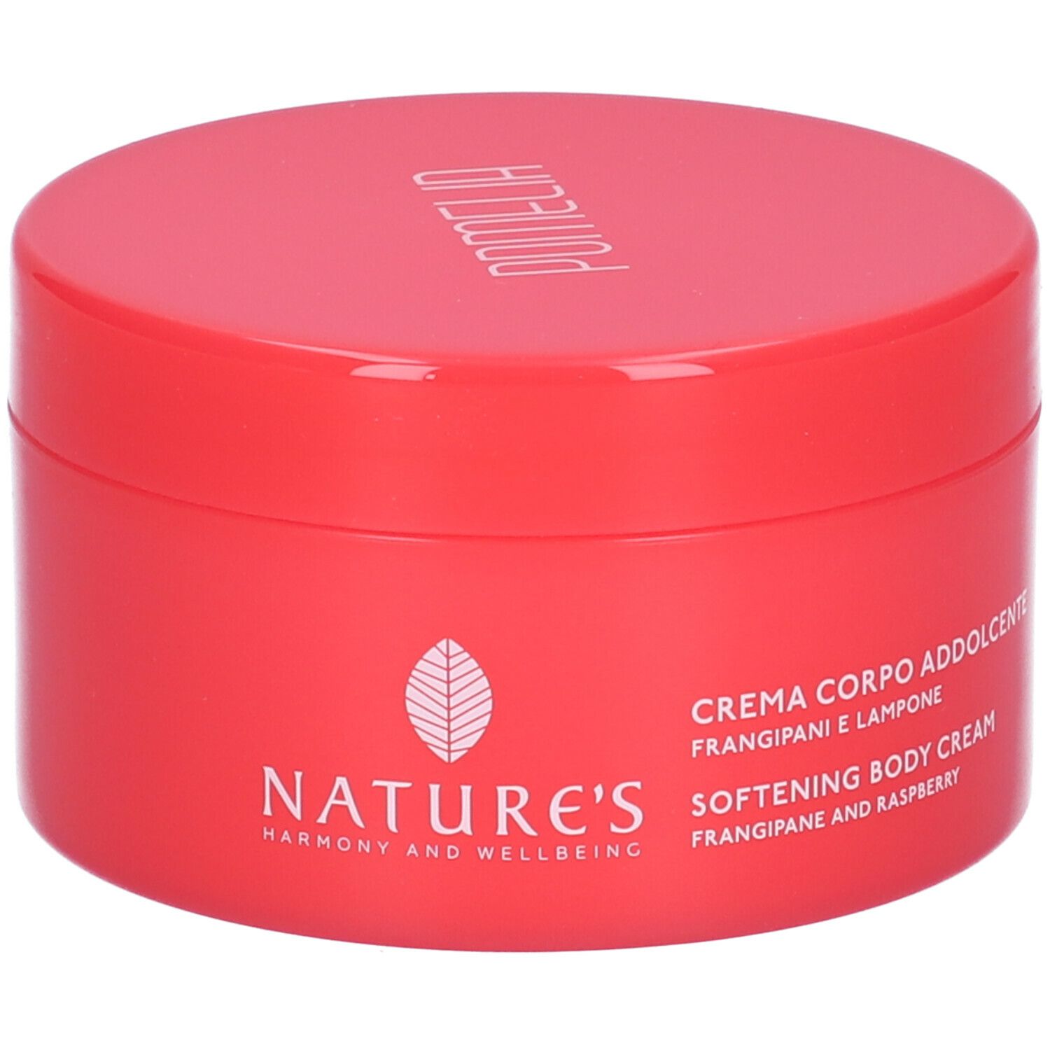 Vaso rosso con coperchio bianco. Scritta: NATURE'S, logo, Crema Corpo Addolcente, Softening Body Cream, Frangipani and Raspberry.
