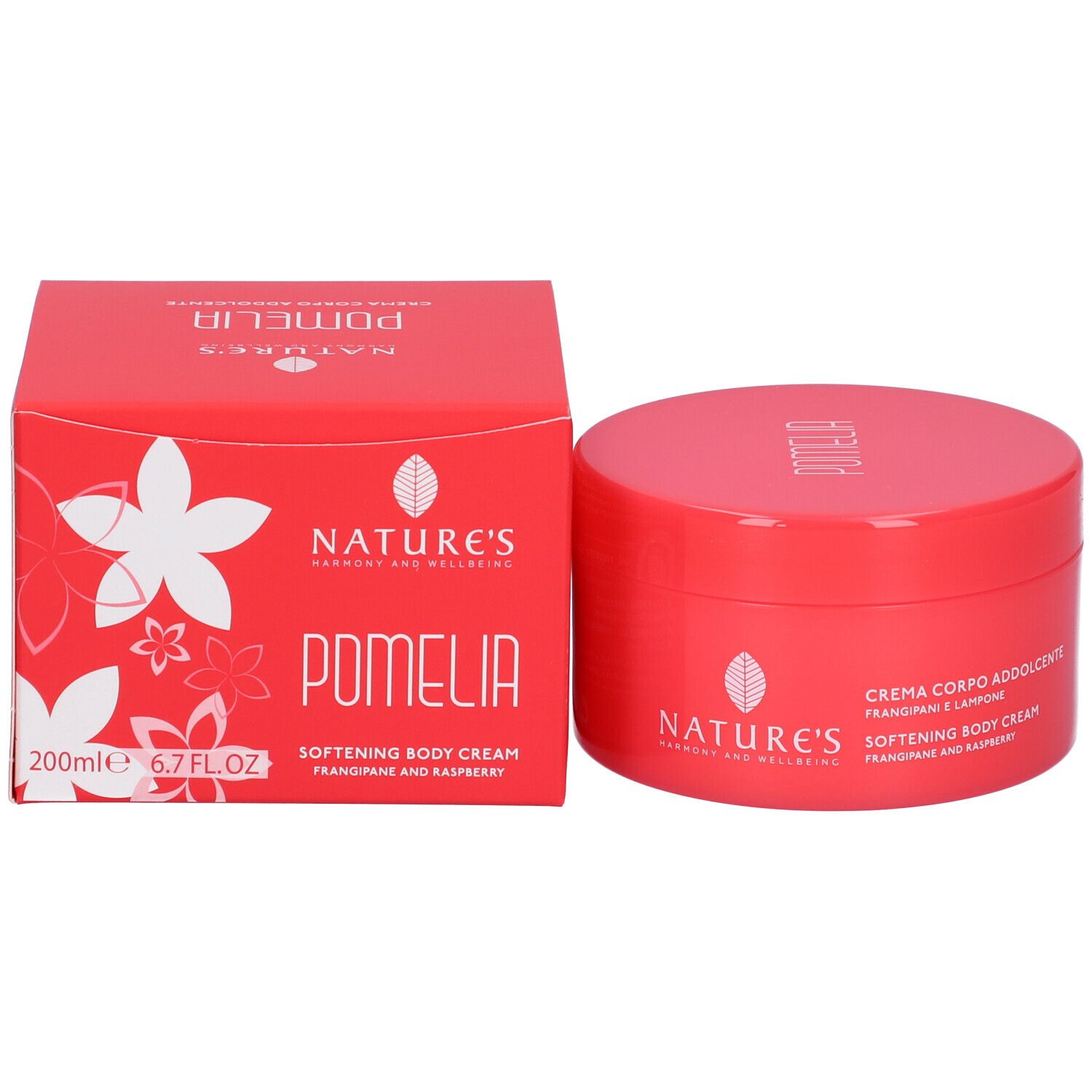 Vaso e scatola rossi. Scritta: NATURE'S, Pomelia, Softening Body Cream, 200ml, 6.7 FL.OZ.