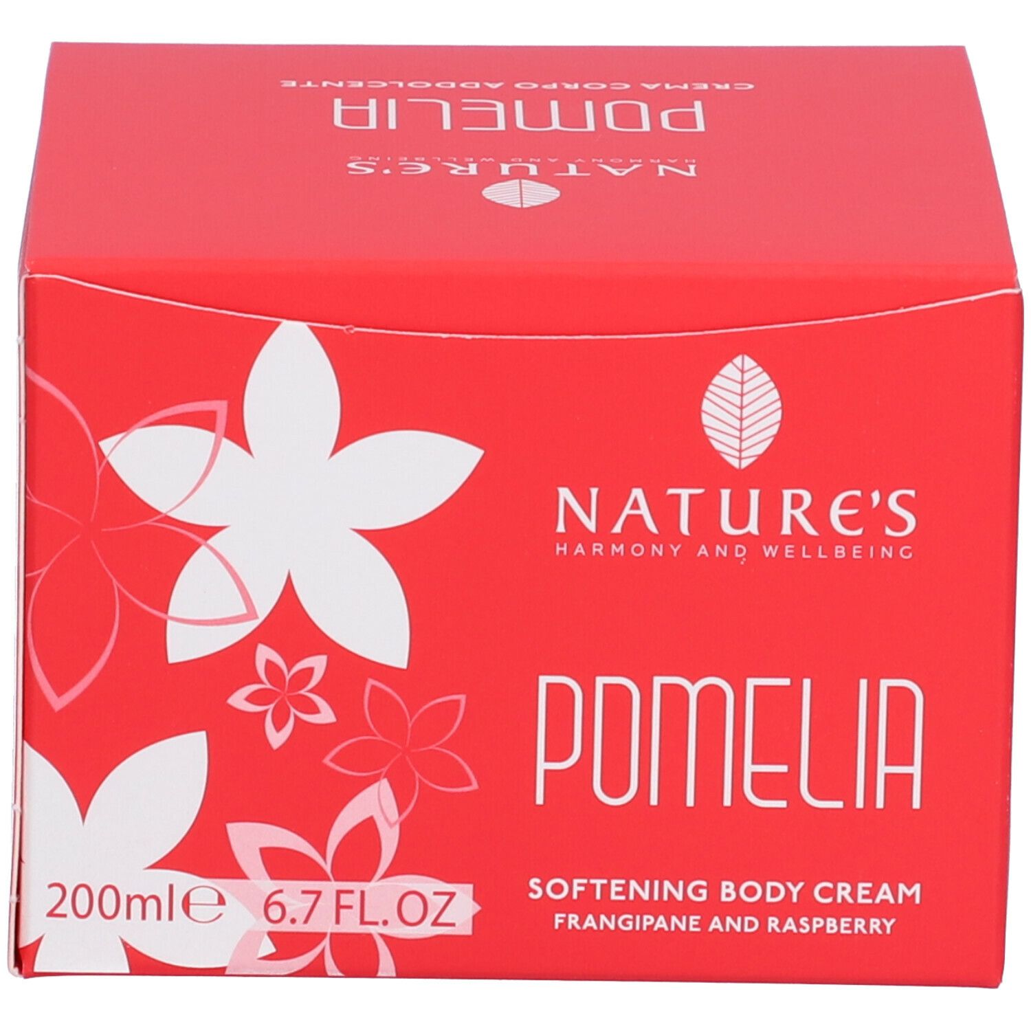 Scatola rossa con fiori bianchi. Scritta: NATURE'S, Pomelia, Softening Body Cream, 200ml, 6.7 FL.OZ.