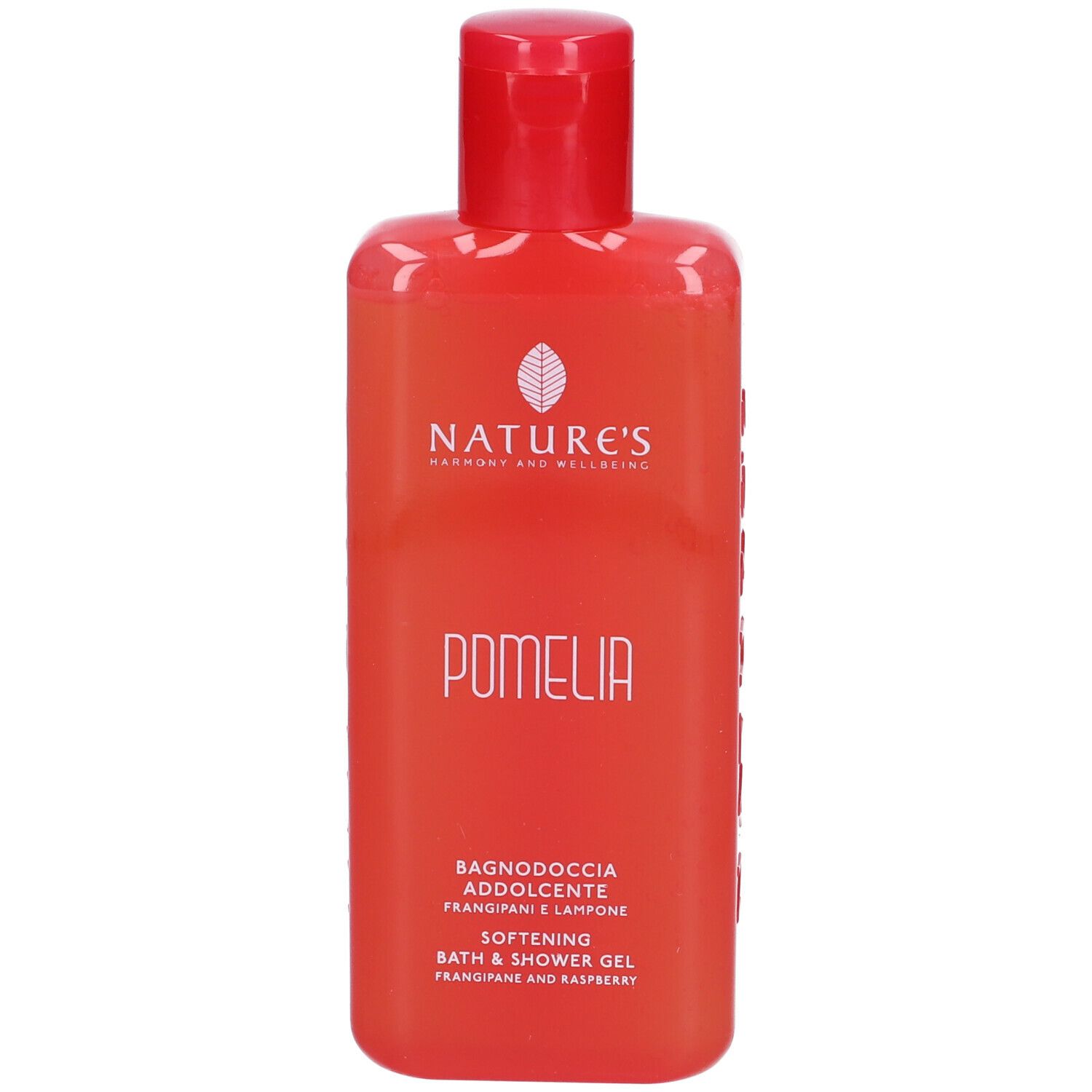 Flacone rosso con tappo rosso. Scritte: NATURE'S, POMELIA, Bagnodoccia Addolcente, Bath & Shower Gel.