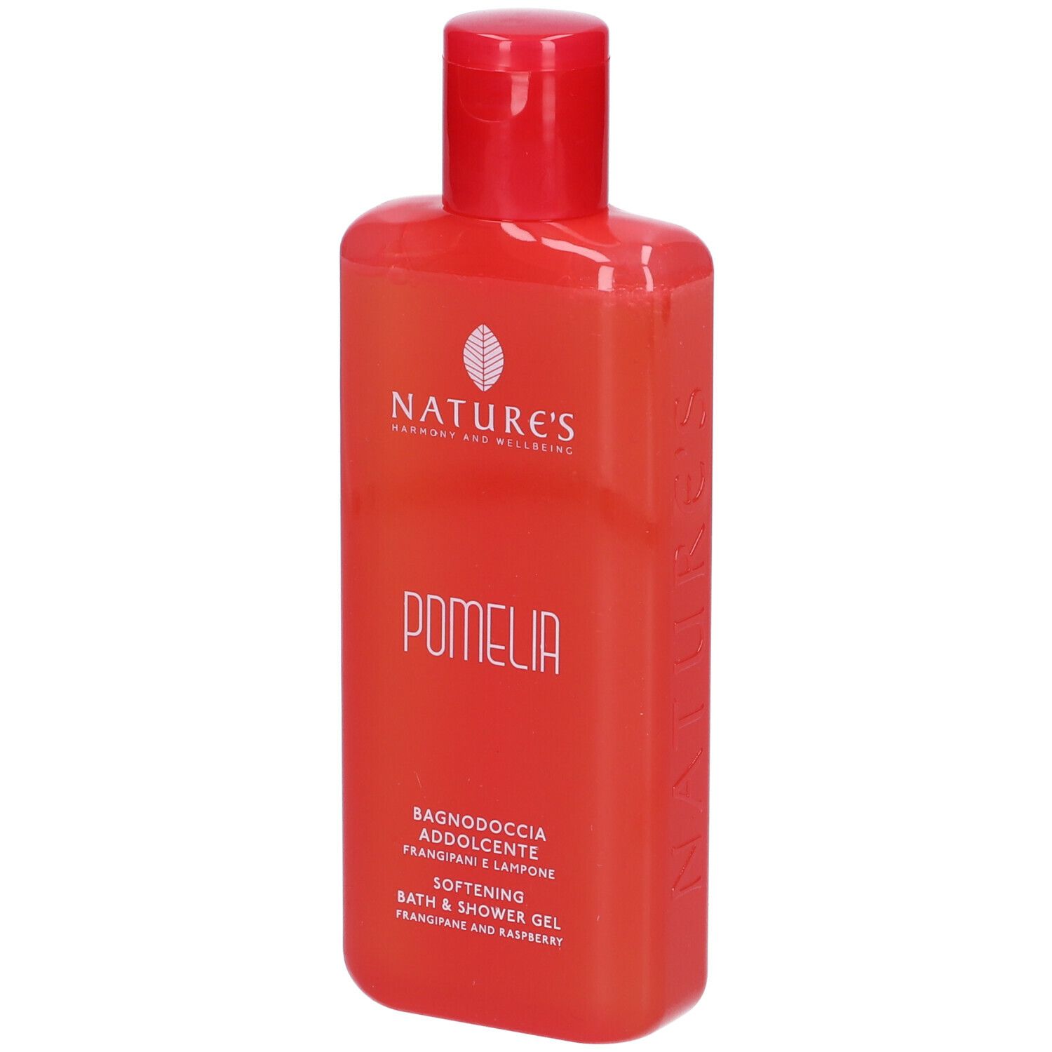Flacone rosso con tappo rosso. Scritte: NATURE'S, POMELIA, Bagnodoccia Addolcente, Bath & Shower Gel.