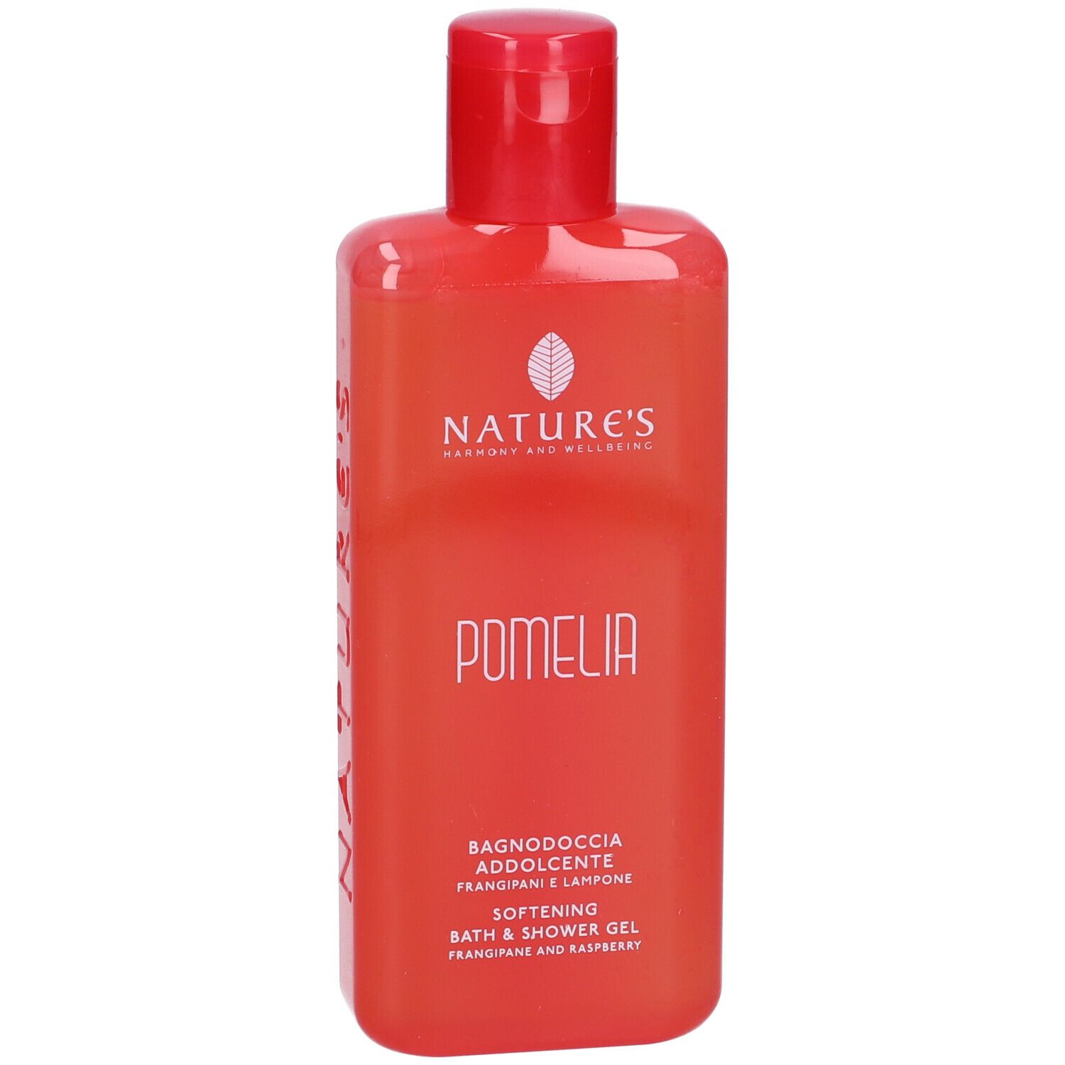 Flacone rosso con tappo rosso. Scritte: NATURE'S, POMELIA, Bagnodoccia Addolcente, Bath & Shower Gel.