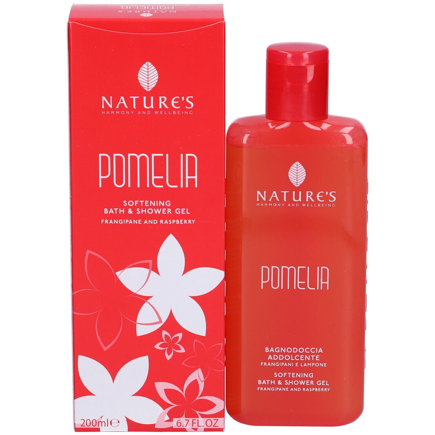 Scatola e flacone rossi. Scritte: NATURE'S, POMELIA, Bath & Shower Gel. 200ml, 6.7FL.OZ.
