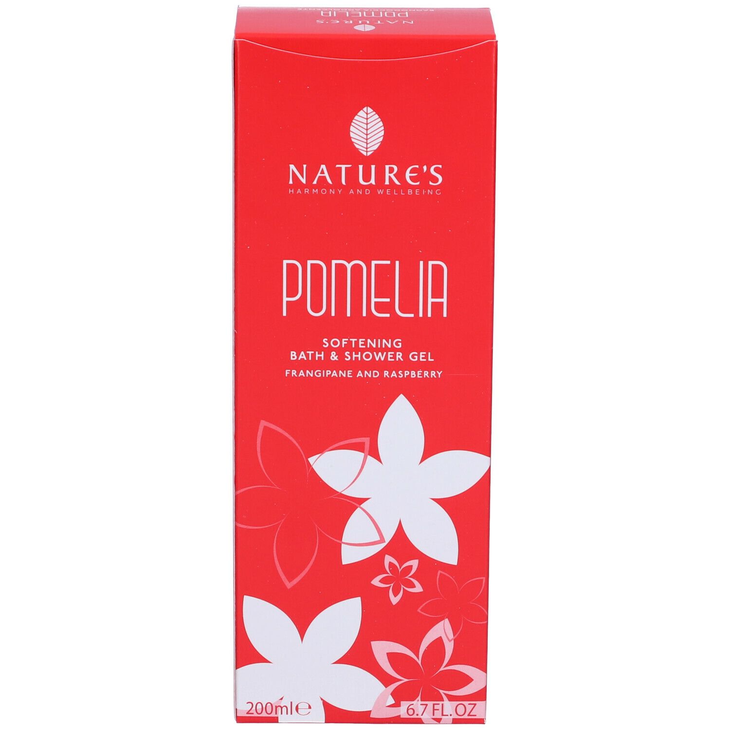 Scatola rossa. Scritte: NATURE'S, POMELIA, Bath & Shower Gel. 200ml, 6.7FL.OZ.