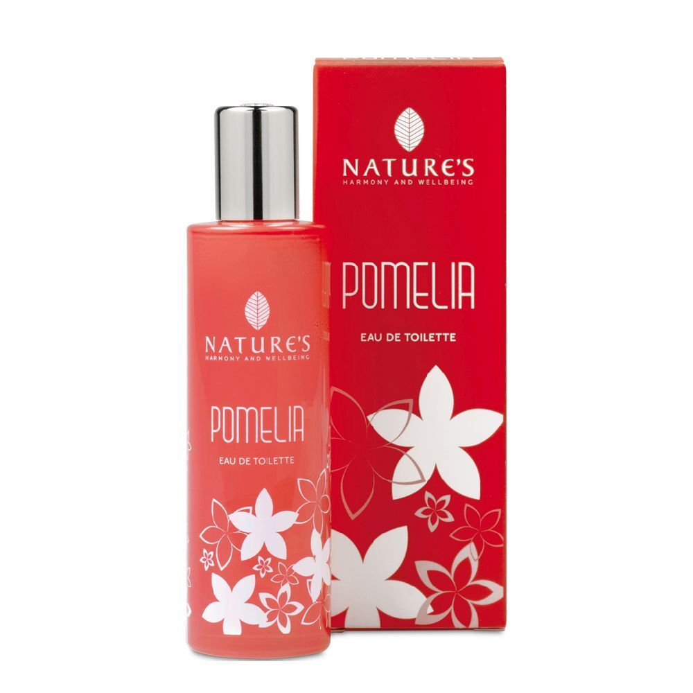 Flacone rosso con tappo argentato e decoro floreale bianco. Scritta Pomelia Eau de Toilette. Scatola rossa con logo e scritta.