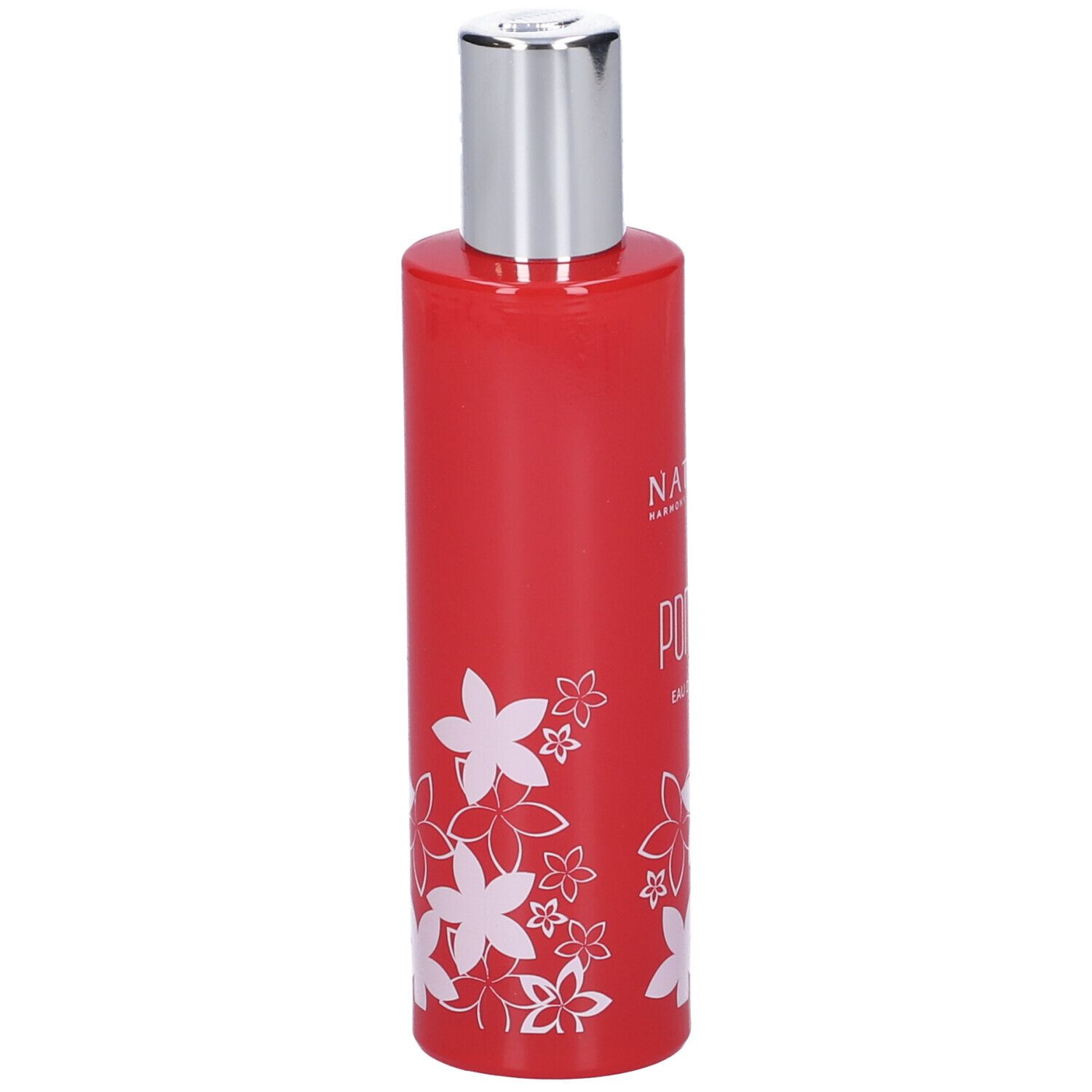 Flacone rosso con tappo argentato. Decorazione floreale bianca. Scritta Pomelia Eau de Toilette. Vista laterale del prodotto.