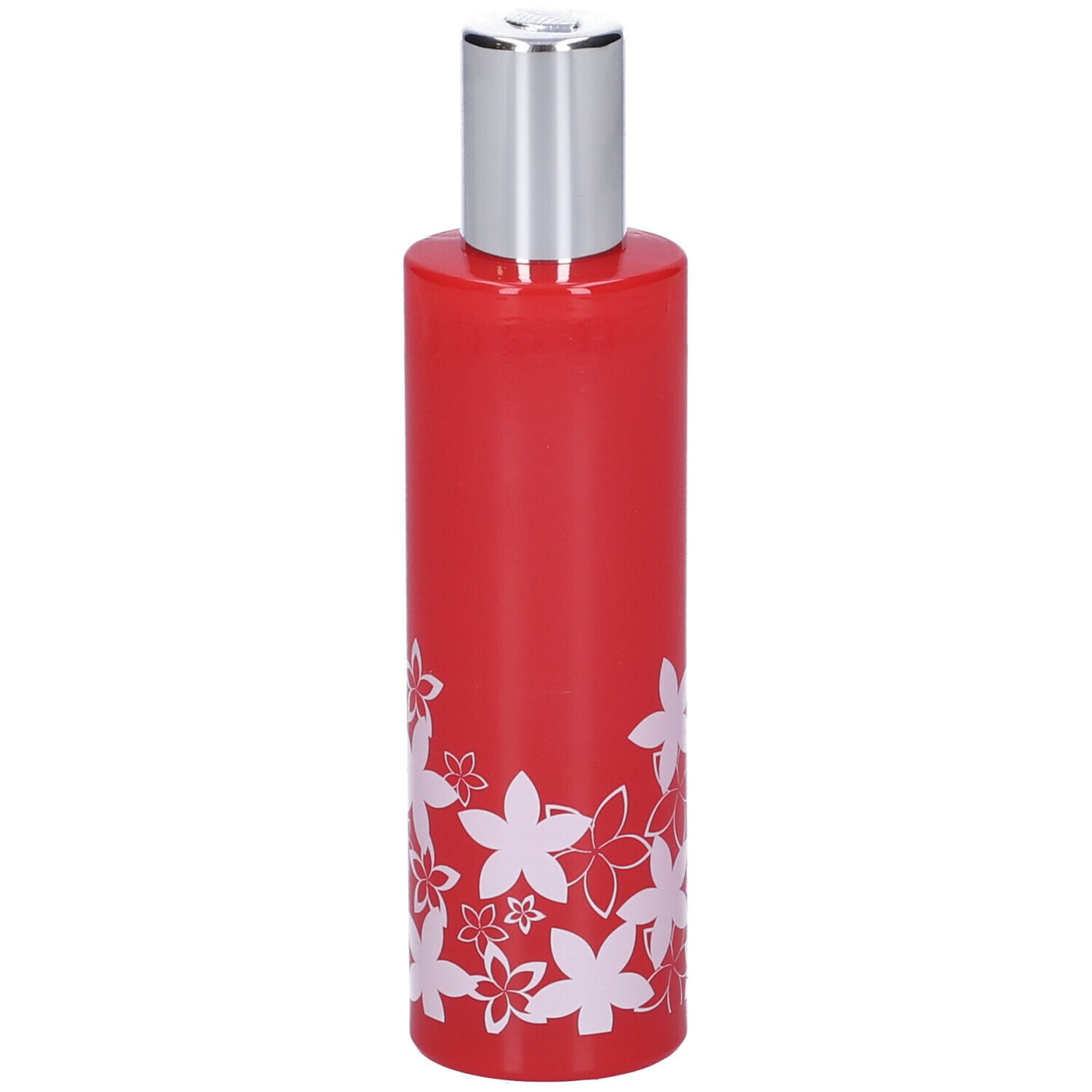 Flacone rosso con tappo argentato. Decorazione floreale bianca. Scritta Pomelia Eau de Toilette. Vista laterale del prodotto.
