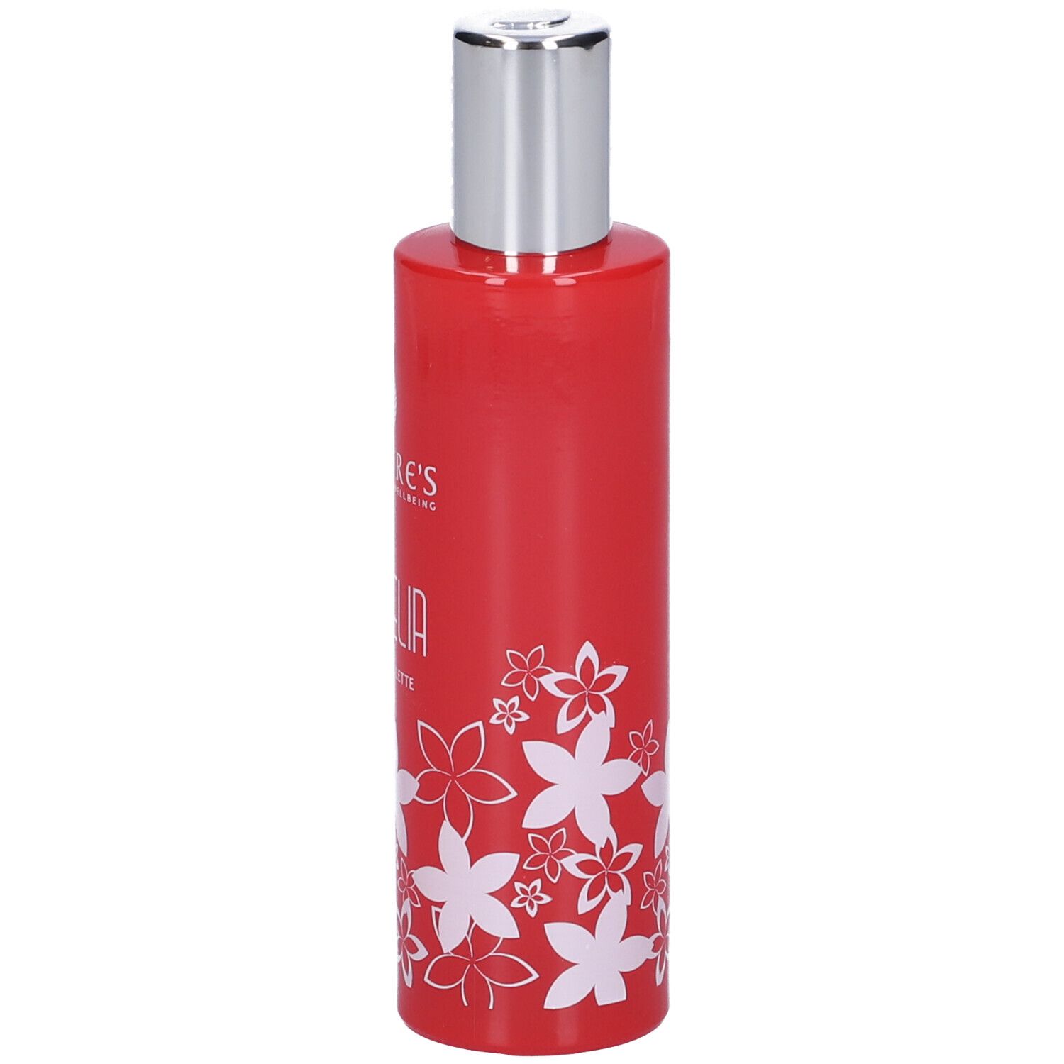 Flacone rosso con tappo argentato. Decorazione floreale bianca. Scritta Pomelia Eau de Toilette. Vista laterale del prodotto.