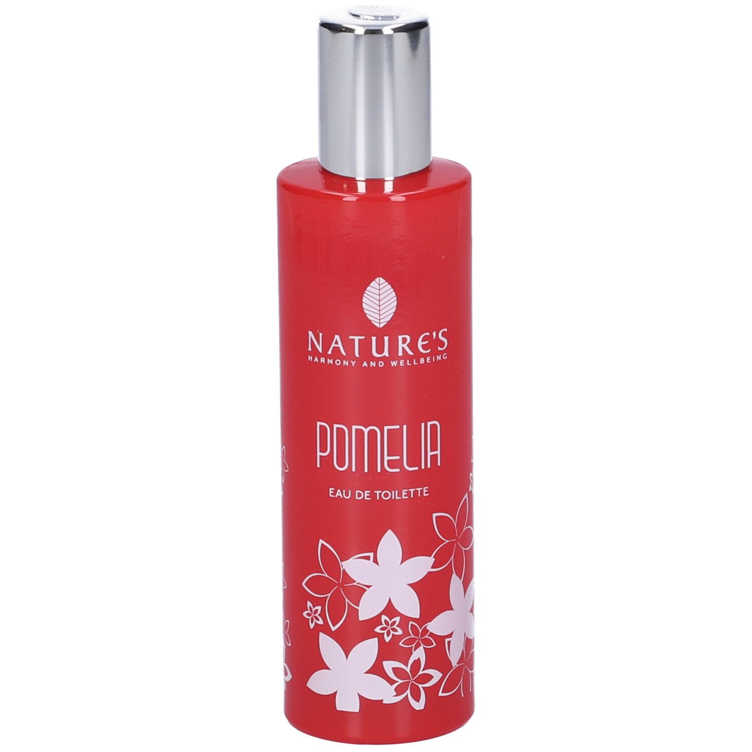 Flacone rosso con tappo argentato. Decorazione floreale bianca. Scritta Pomelia Eau de Toilette. Vista laterale del prodotto.
