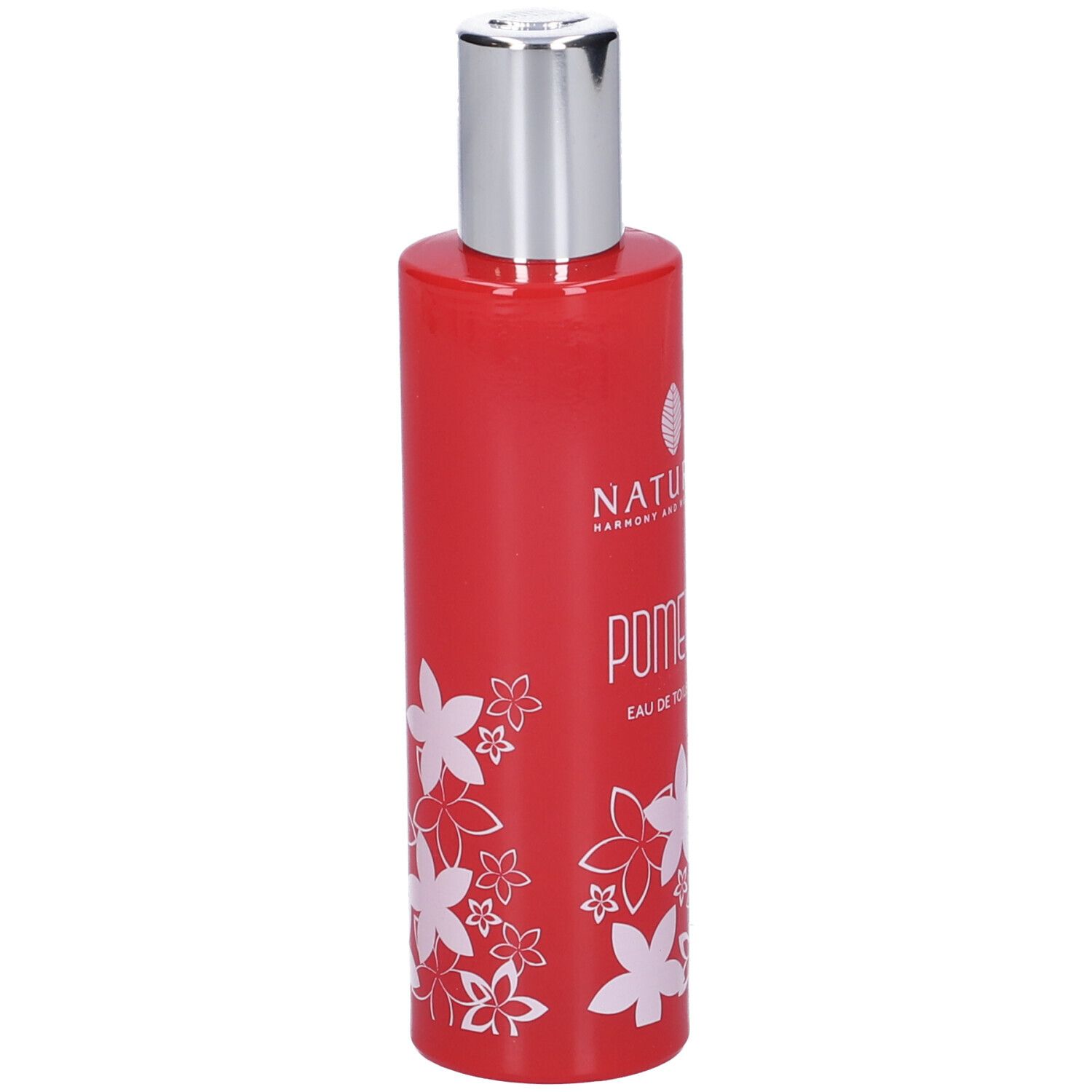 Flacone rosso con tappo argentato. Decorazione floreale bianca. Scritta Pomelia Eau de Toilette. Vista laterale del prodotto.