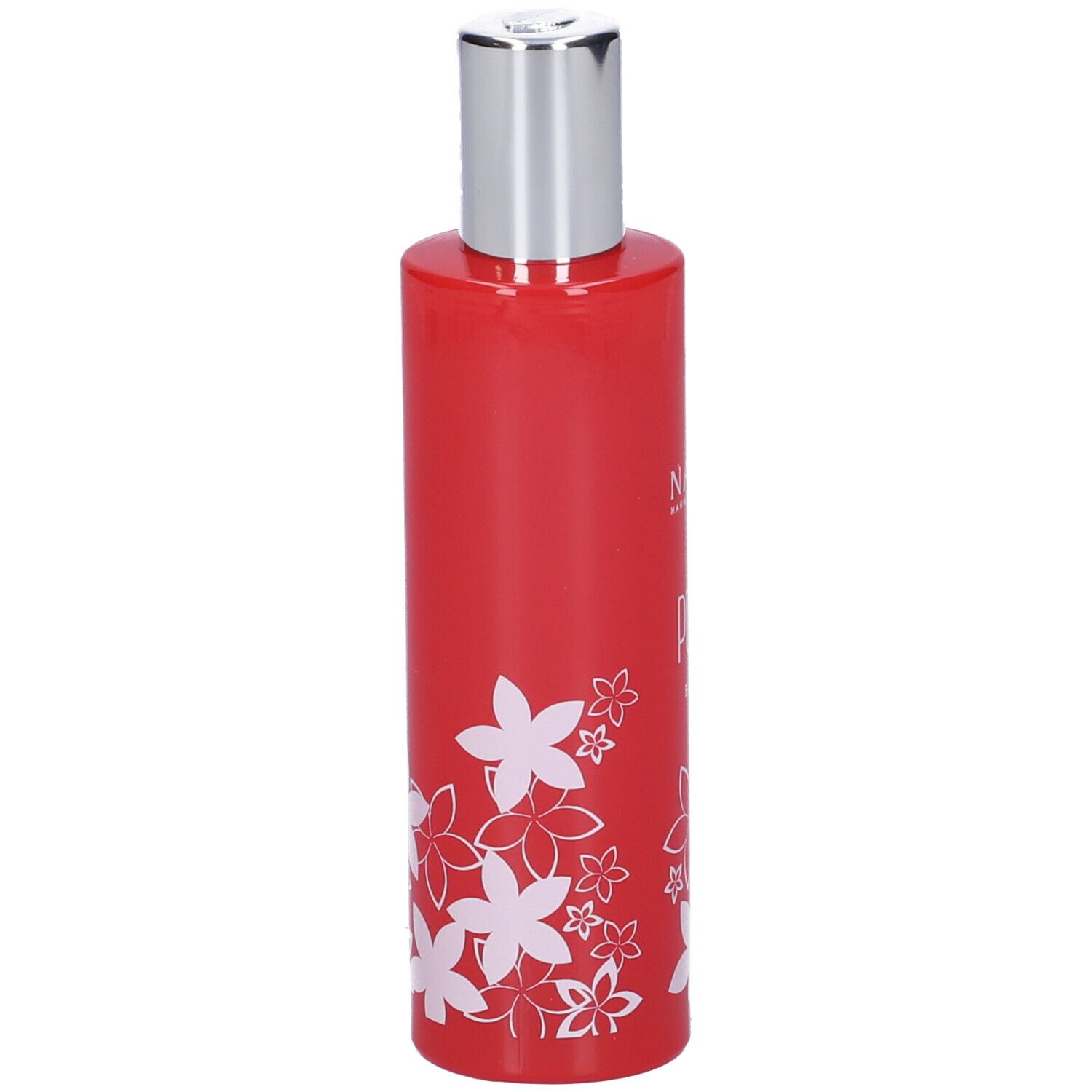 Flacone rosso con tappo argentato. Decorazione floreale bianca. Scritta Pomelia Eau de Toilette. Vista laterale del prodotto.