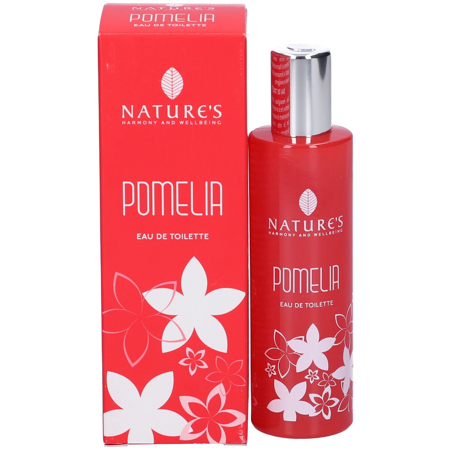 Flacone rosso con tappo argentato. Decorazione floreale bianca. Scritta Pomelia Eau de Toilette. Vista laterale del prodotto.