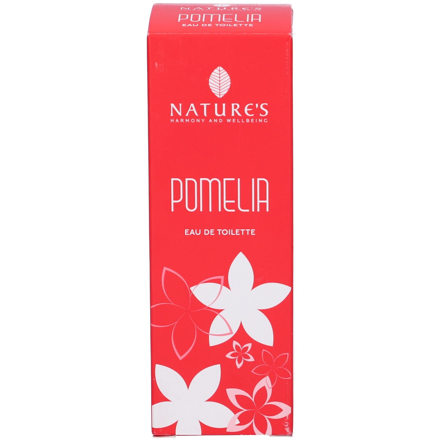 Flacone rosso con tappo argentato. Decorazione floreale bianca. Scritta Pomelia Eau de Toilette. Scatola rossa con logo e scritta.