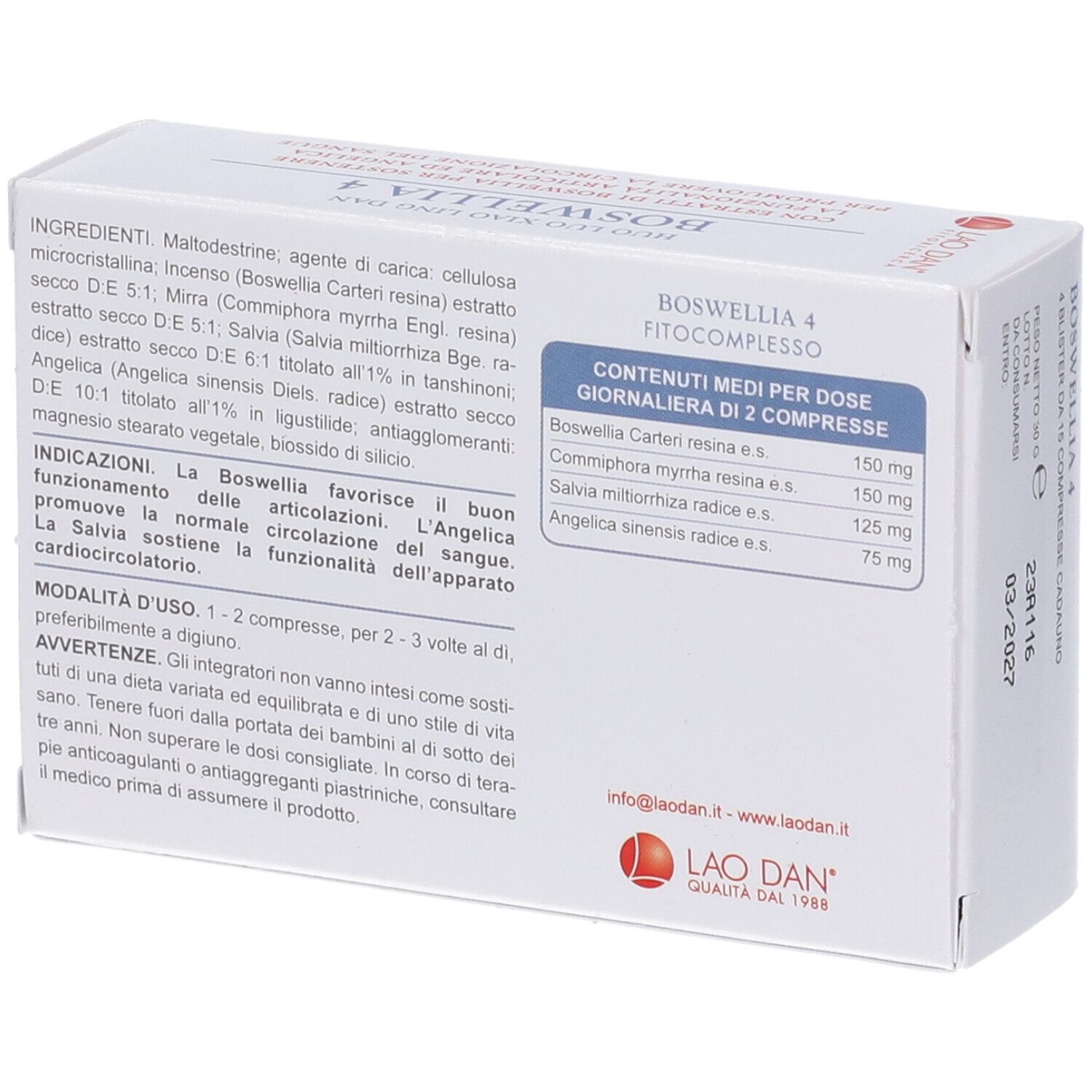 Retro confezione Boswellia 4 con ingredienti e dosaggio.