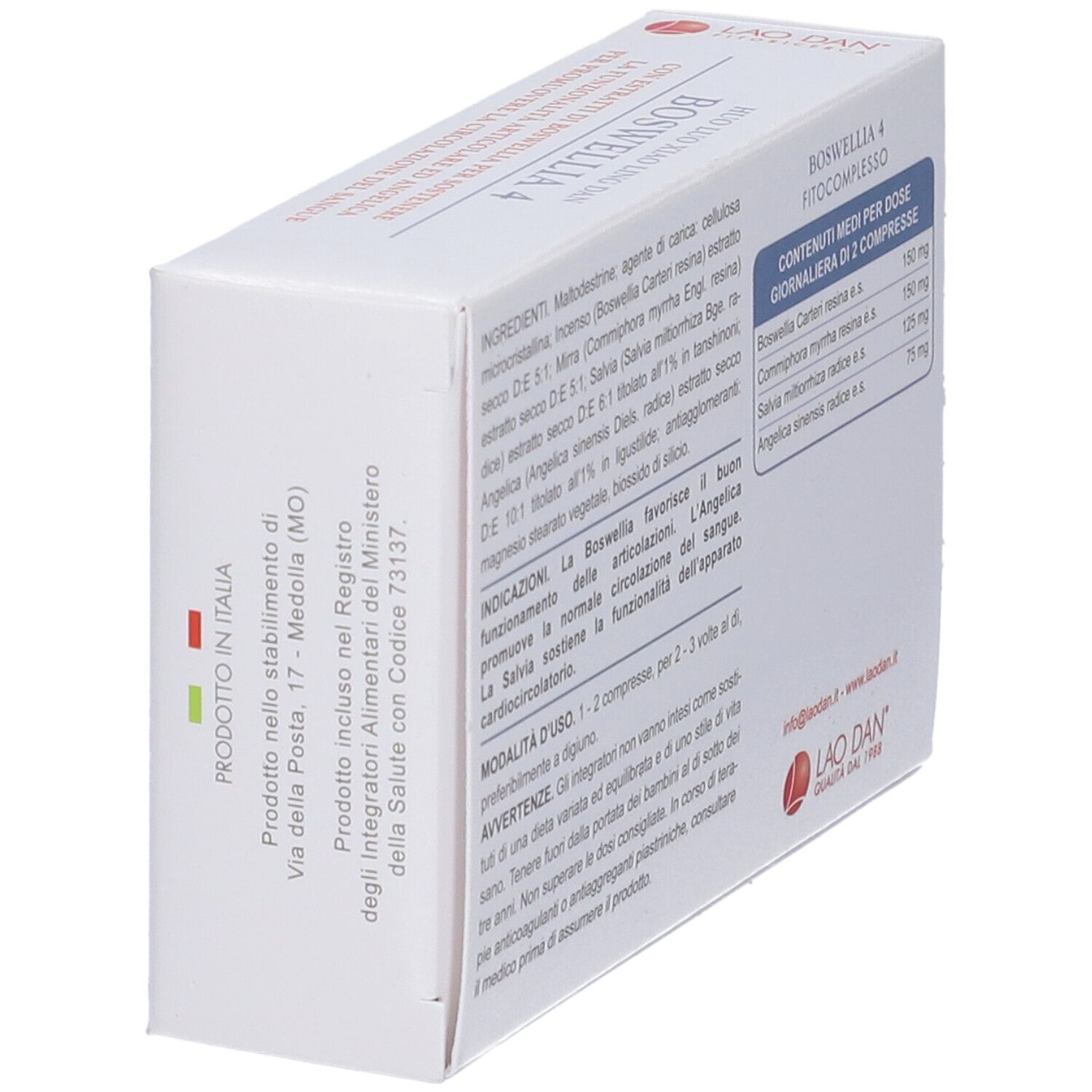 Retro confezione Boswellia 4 con paese di produzione Italia.