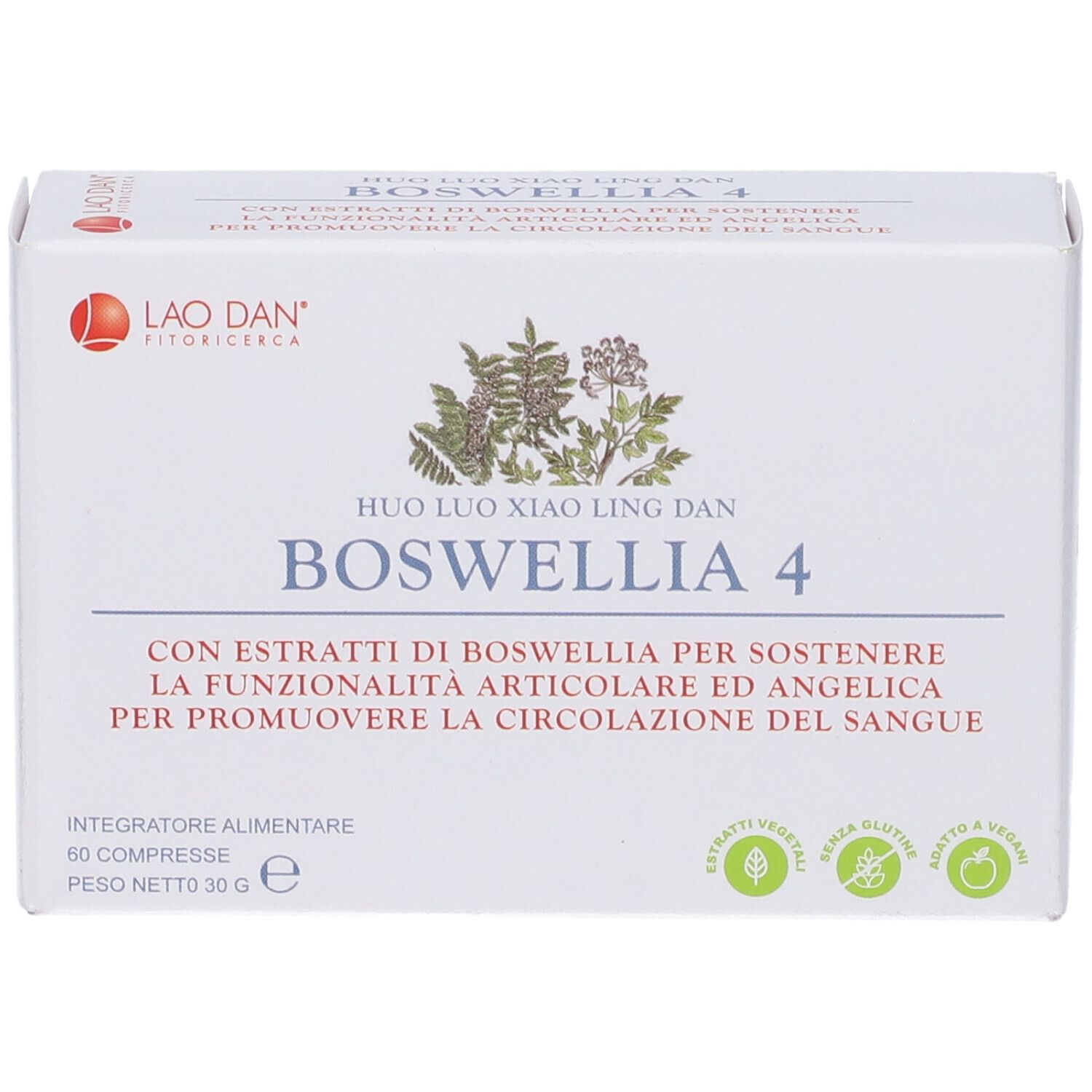 Fronte confezione Boswellia 4 con illustrazione erbe.