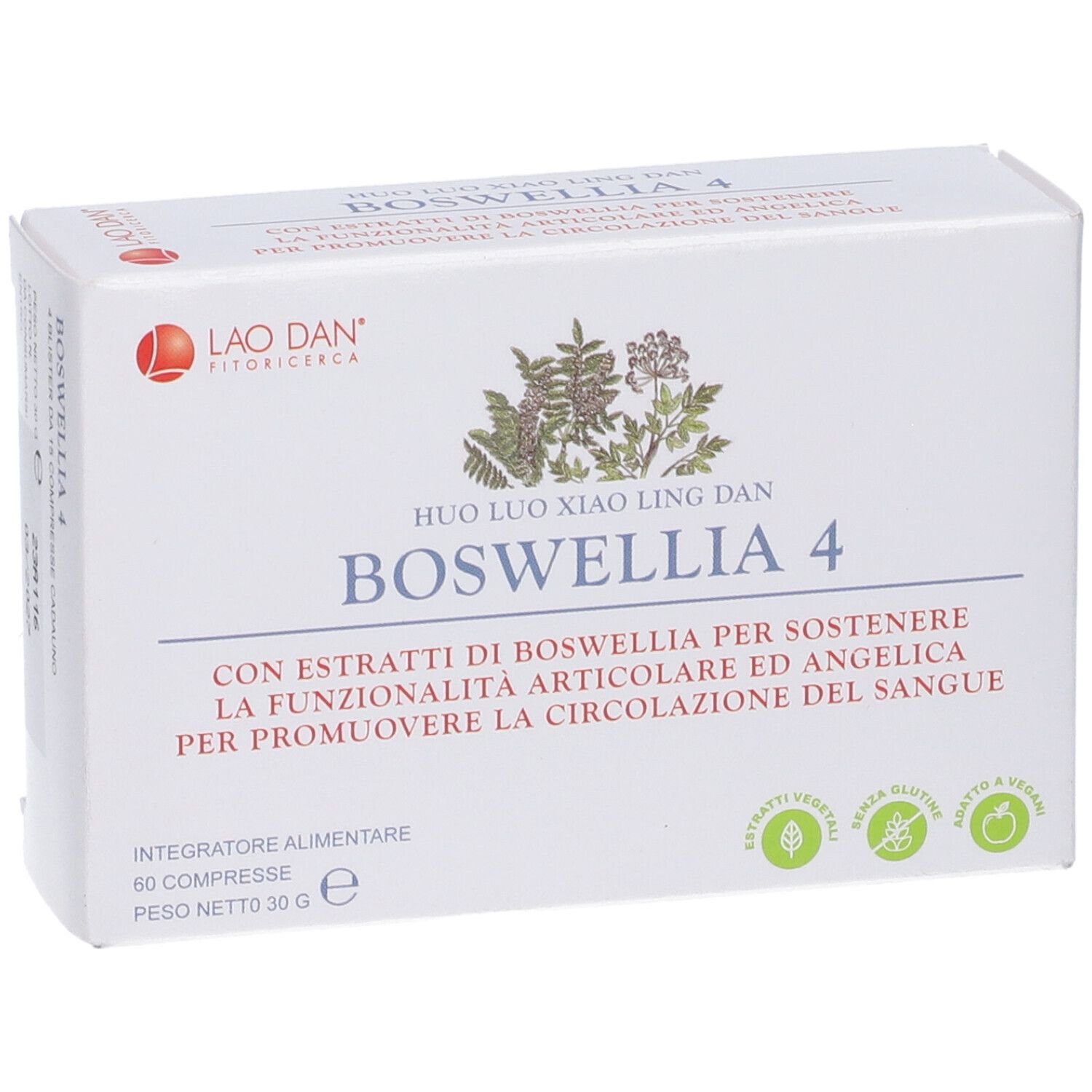Fronte confezione Boswellia 4 con illustrazione erbe e sigilli.